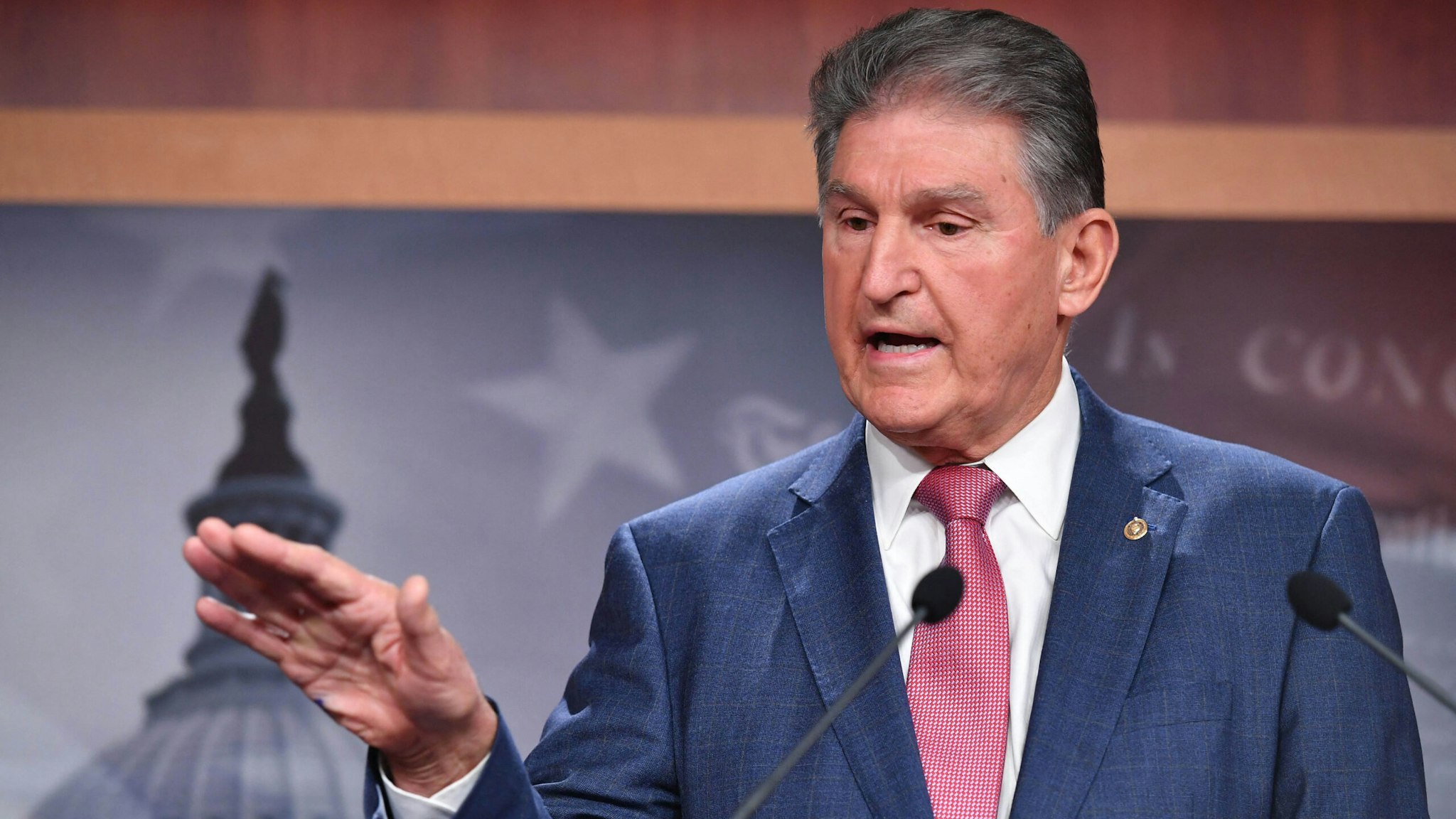 US Senator Joe Manchin, D-WV, speaks during a press conference as he talks about his position on US President Joe Bidens sweeping economic agenda on Capitol Hill in Washington, DC, on November 1, 2021.