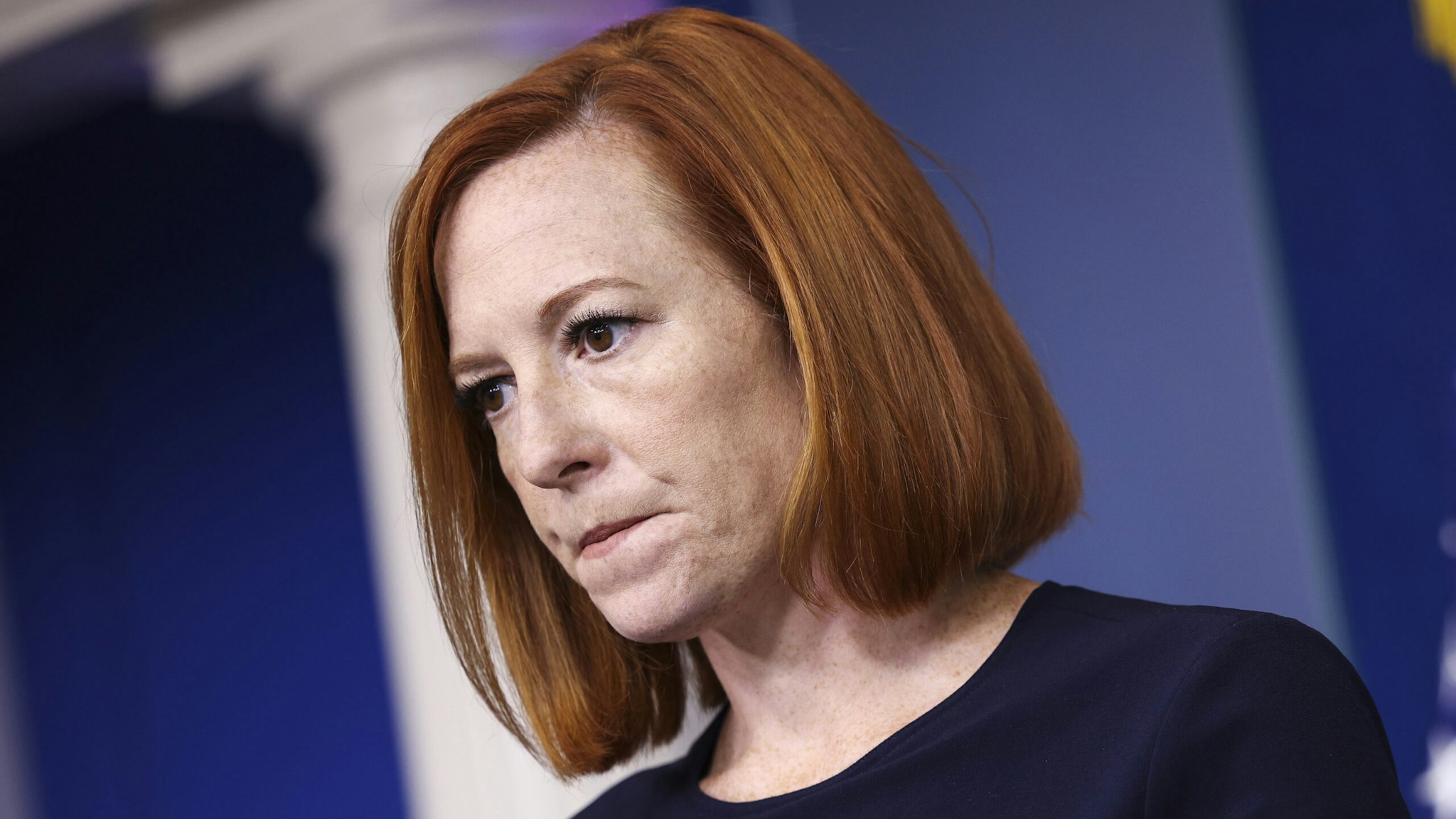 WASHINGTON, DC - OCTOBER 18: White House Press Secretary Jen Psaki speaks during a press briefing at the White House on October 18, 2021 in Washington, DC. Psaki announced that President Biden will hold separate meetings with moderate and progressive House members as part of negotiations for the bipartisan infrastructure bill.