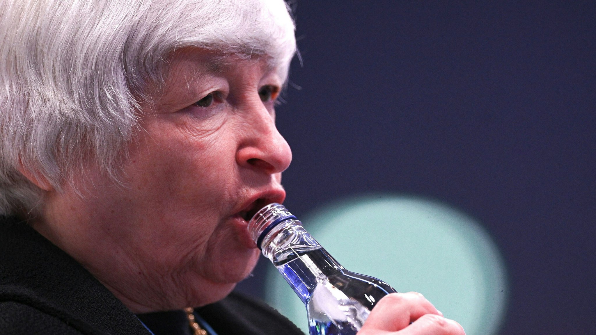 US Treasury Secretary Janet Yellen drinks water at the opening of Finance Day at the COP26 UN Climate Summit in Glasgow on November 3, 2021.
