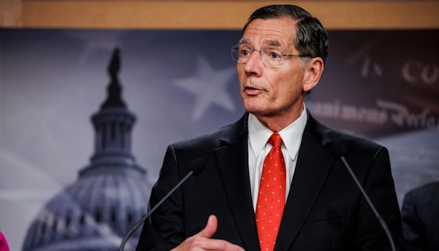 WASHINGTON, DC - OCTOBER 27: Sen. John Barrasso (R-WY) speaks alongside other Republican Senators during a press conference on rising gas an energy prices at the U.S. Capitol on October 27, 2021 in Washington, DC.
