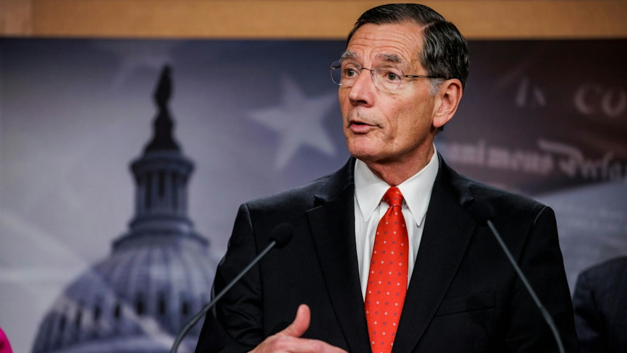 WASHINGTON, DC - OCTOBER 27: Sen. John Barrasso (R-WY) speaks alongside other Republican Senators during a press conference on rising gas an energy prices at the U.S. Capitol on October 27, 2021 in Washington, DC.