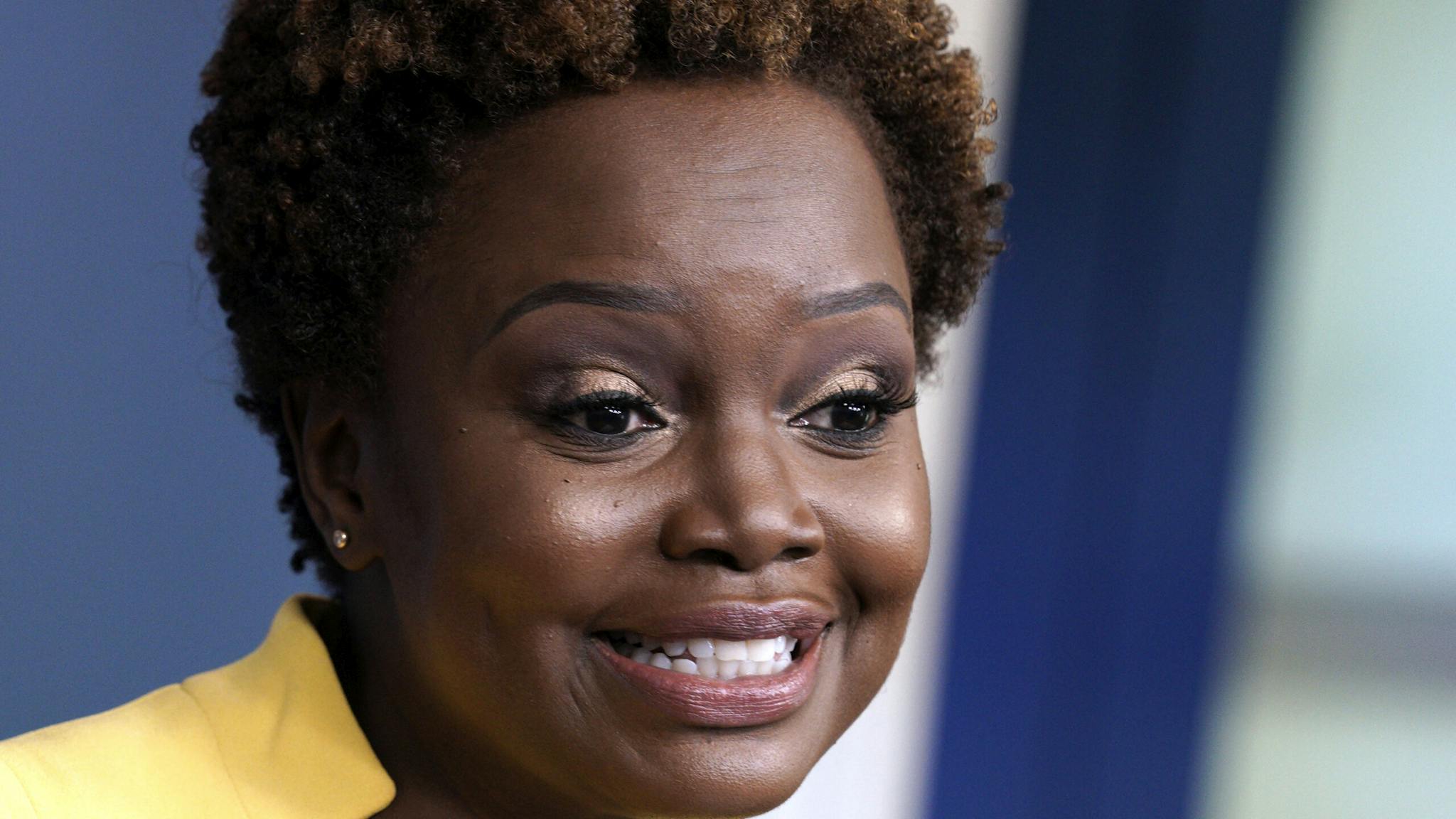 White House Holds Daily Press Briefing Karine Jean-Pierre, deputy White House press secretary, speaks during a news conference in the James S. Brady Press Briefing Room at the White House in Washington, D.C., U.S., on Wednesday, May 26, 2021. President Biden yesterday said he hopes for a swift deal on legislation to overhaul U.S. law enforcement after he met with members of George Floyd's family on the anniversary of his killing by a Minneapolis police officer.