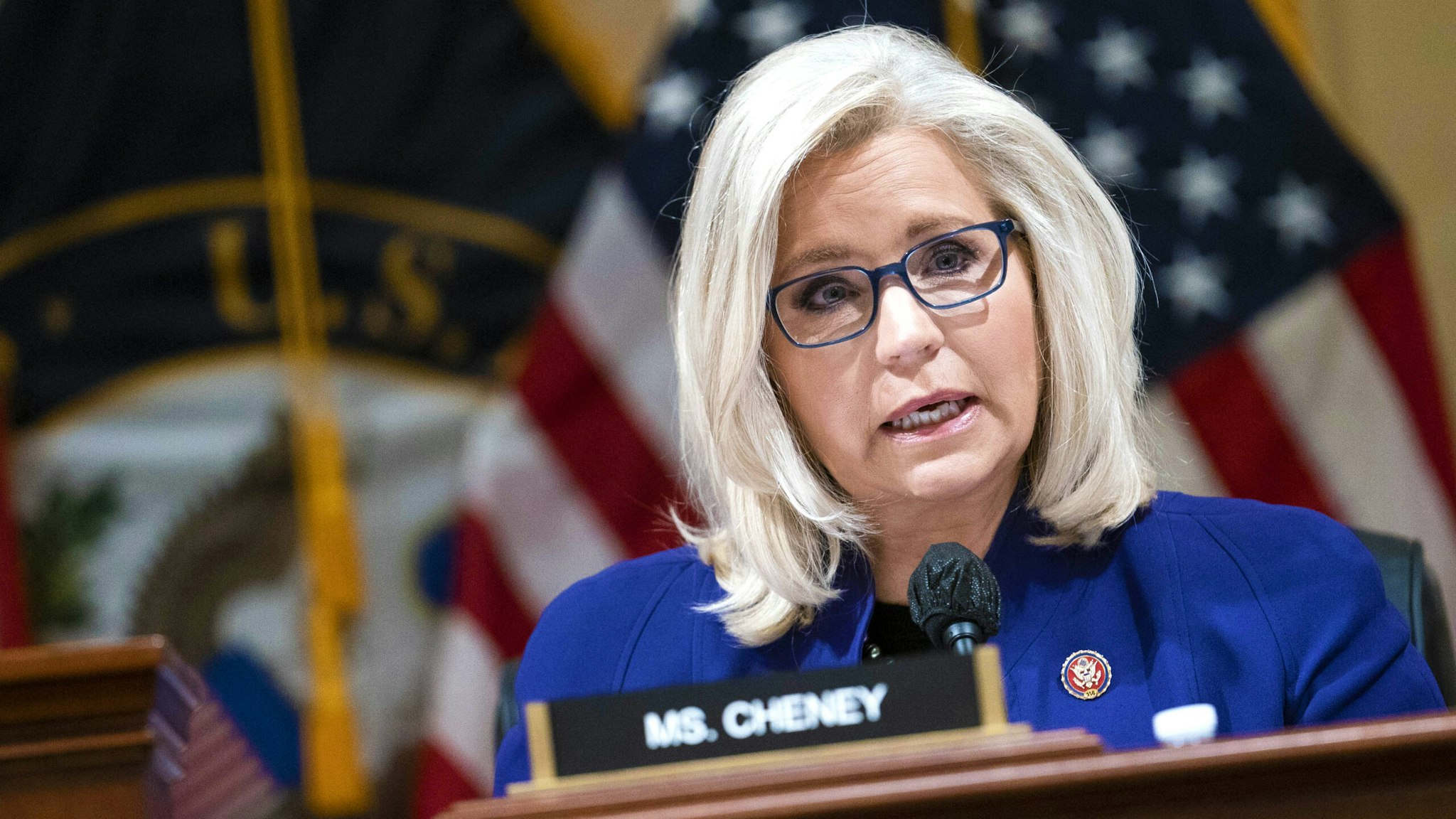 Representative Liz Cheney, a Republican from Wyoming, speaks during a business meeting of the Select Committee to Investigate the January 6th Attack on the U.S. Capitol in Washington, D.C., U.S., on Tuesday, Oct. 19, 2021. The committee probing the Jan. 6 riot at the U.S. Capitol is escalating its legal showdown with Steve Bannon with a vote recommending the full House hold him in criminal contempt for ignoring a congressional subpoena.