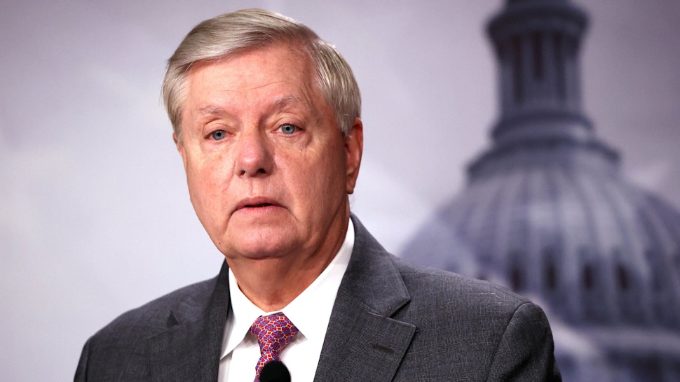WASHINGTON, DC - JULY 30: U.S. Sen. Lindsey Graham (R-SC) speaks on southern border security and illegal immigration, during a news conference at the U.S. Capitol on July 30, 2021 in Washington, DC. Graham urged the Biden administration to name former Homeland Security Secretary Jeh Johnson as a border czar.