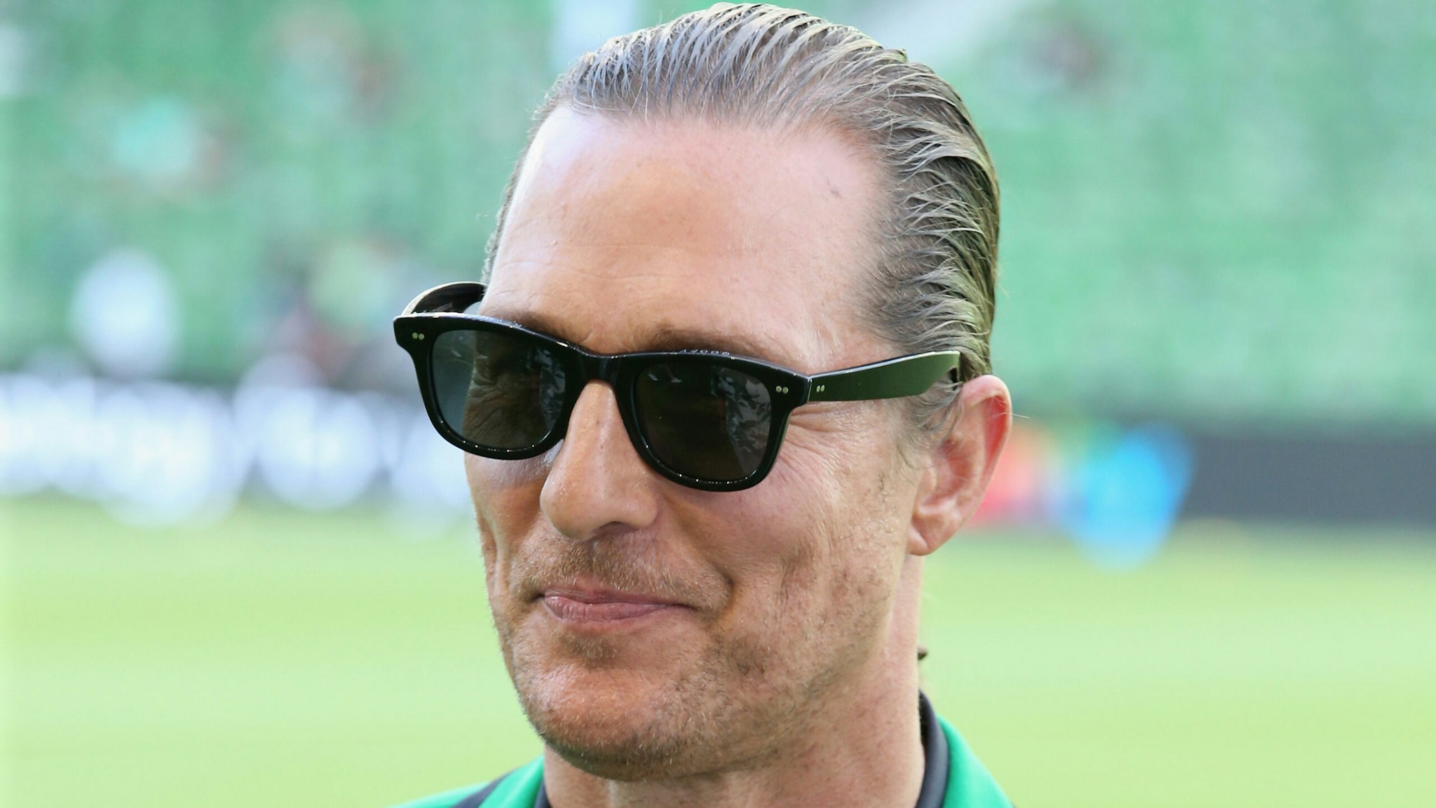 AUSTIN, TX - JUNE 19: Matthew McConaughey attends the inaugural home game between the San Jose Earthquakes and Austin FC at Q2 Stadium on June 19, 2021 in Austin, Texas.