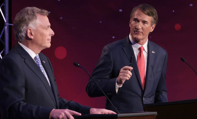 Former Virginia Gov. Terry McAuliffe (L) (D-VA) and Republican gubernatorial candidate Glenn Youngkin (R) particpate in a debate hosted by the Northern Virginia Chamber of Commerce September 28, 2021 in Alexandria, Virginia. The gubernatorial election is November 2. (Photo by Win McNamee/Getty Images)