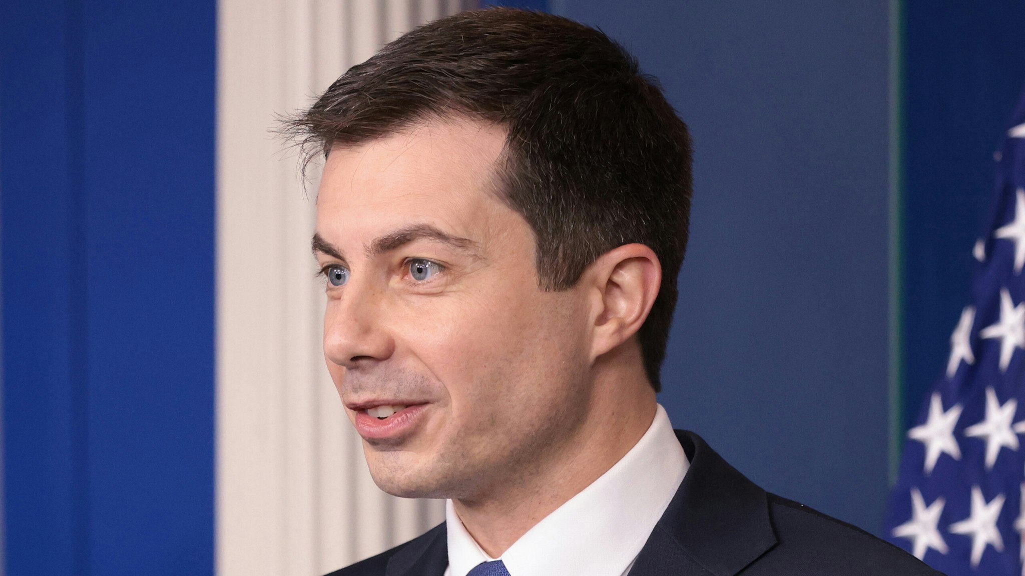 WASHINGTON, DC - NOVEMBER 08: U.S. Secretary of Transportation Pete Buttigieg speaks during the daily briefing at the White House on November 08, 2021 in Washington, DC. Buttigieg answered a range of questions related to the recent passage of a $1.2 trillion infrastructure bill by the U.S. Congress.