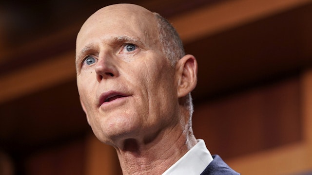 WASHINGTON, DC - JUNE 17: Senator Rick Scott (R-FL) speaks about his opposition to S. 1, the "For The People Act" on June 17, 2021 in Washington, DC. Republican are calling the proposed legislation, which is intended to expand voting rights and reform campaign finance, a federal take over of elections and unconstitutional.