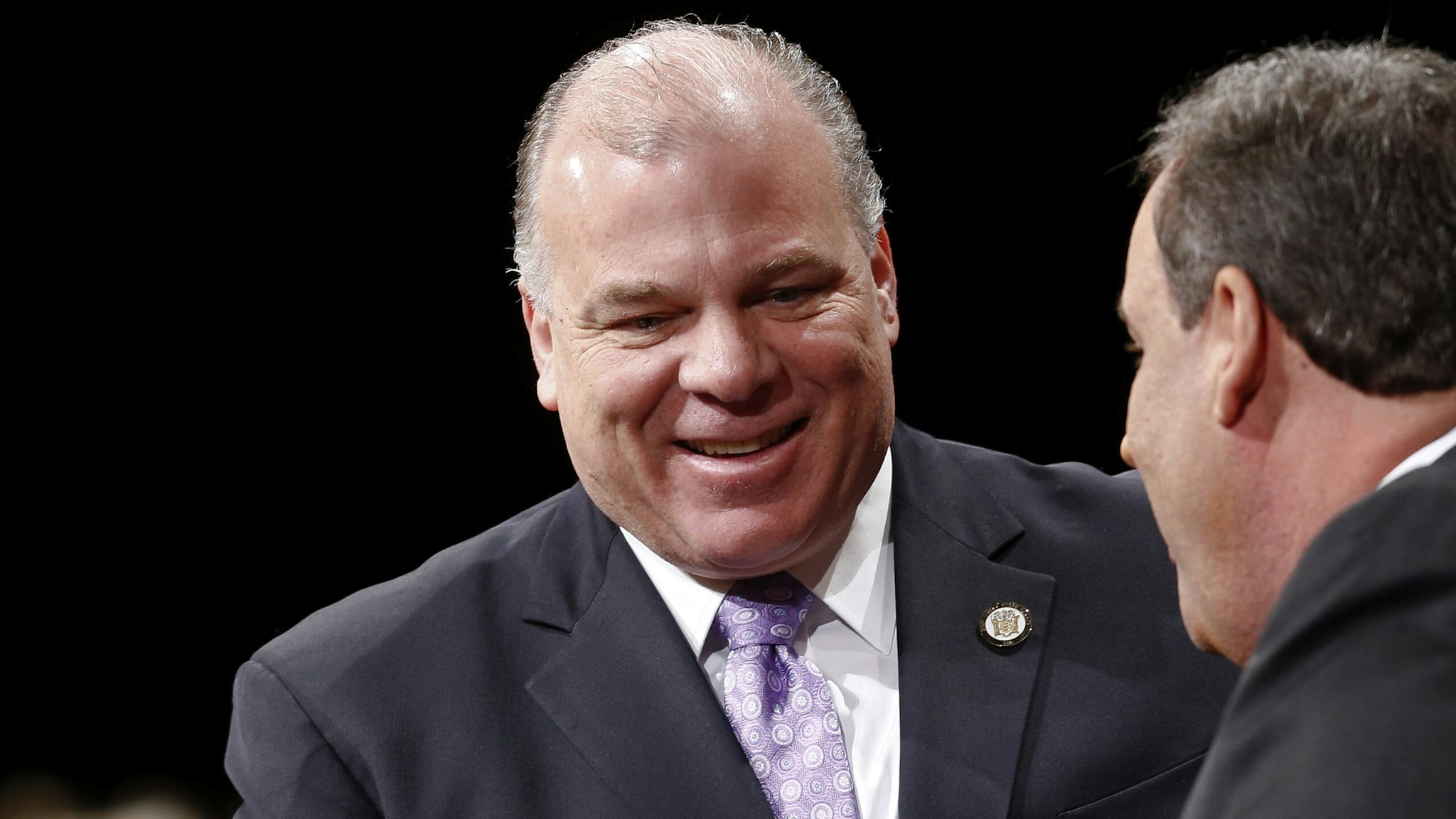 TRENTON, NJ - JANUARY 21: New Jersey Senate President Steve Sweeney greets New Jersey Gov. Chris Christie prior to being sworn in for his second term on January 21, 2014 at the War Memorial in Trenton, New Jersey. Christie begins his second term amid controversy surrounding George Washington Bridge traffic and Hurricane Sandy relief distribution.
