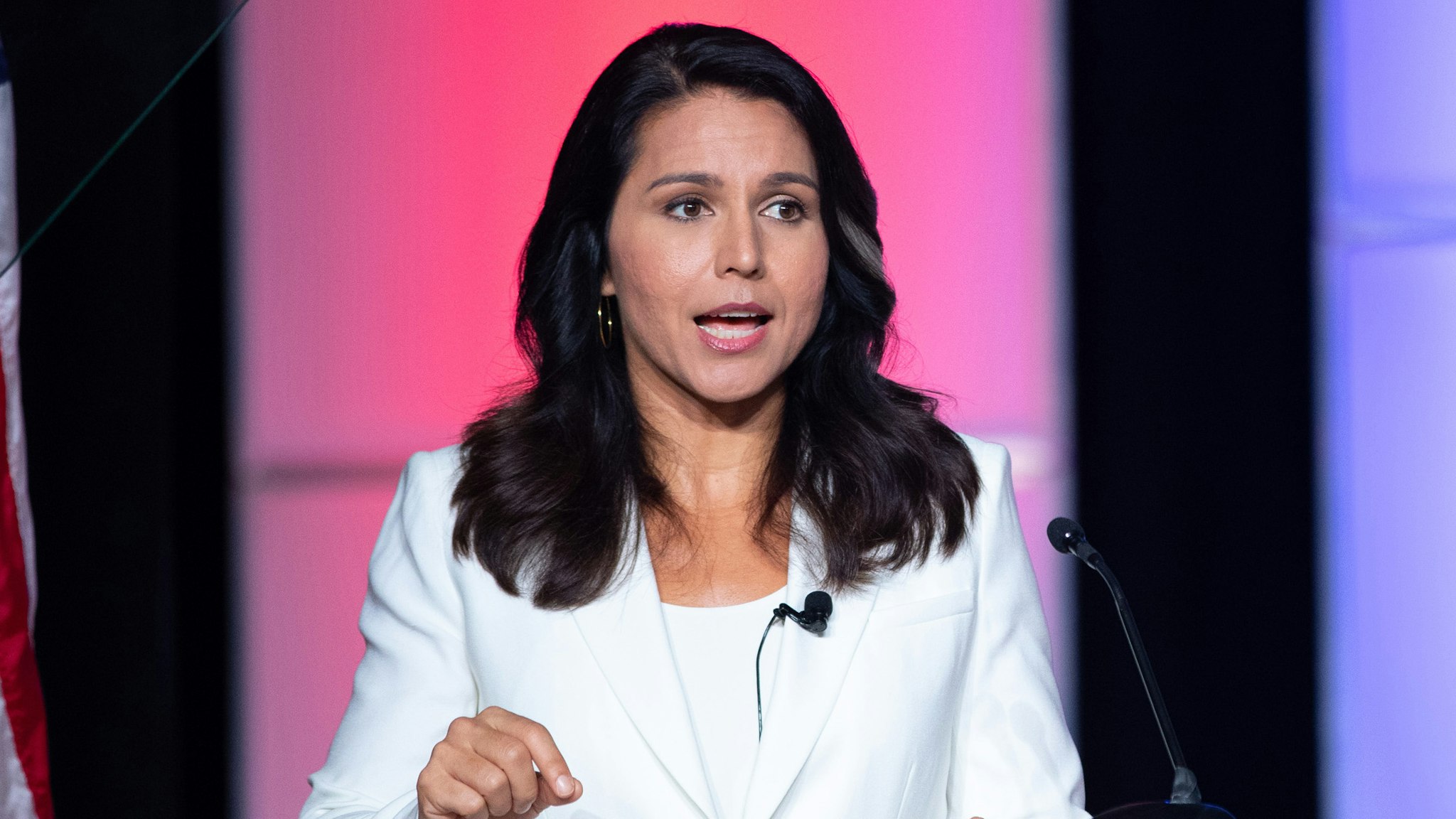 Representative Tulsi Gabbard, a Democrat from Hawaii and 2020 presidential candidate, speaks during the Second Step Presidential Justice Forum at Benedict College in Columbia, South Carolina, U.S., on Sunday, Oct. 27, 2019. The forum asked Democratic presidential candidates to present their criminal justice reform platforms now that the First Step Act has been passed.