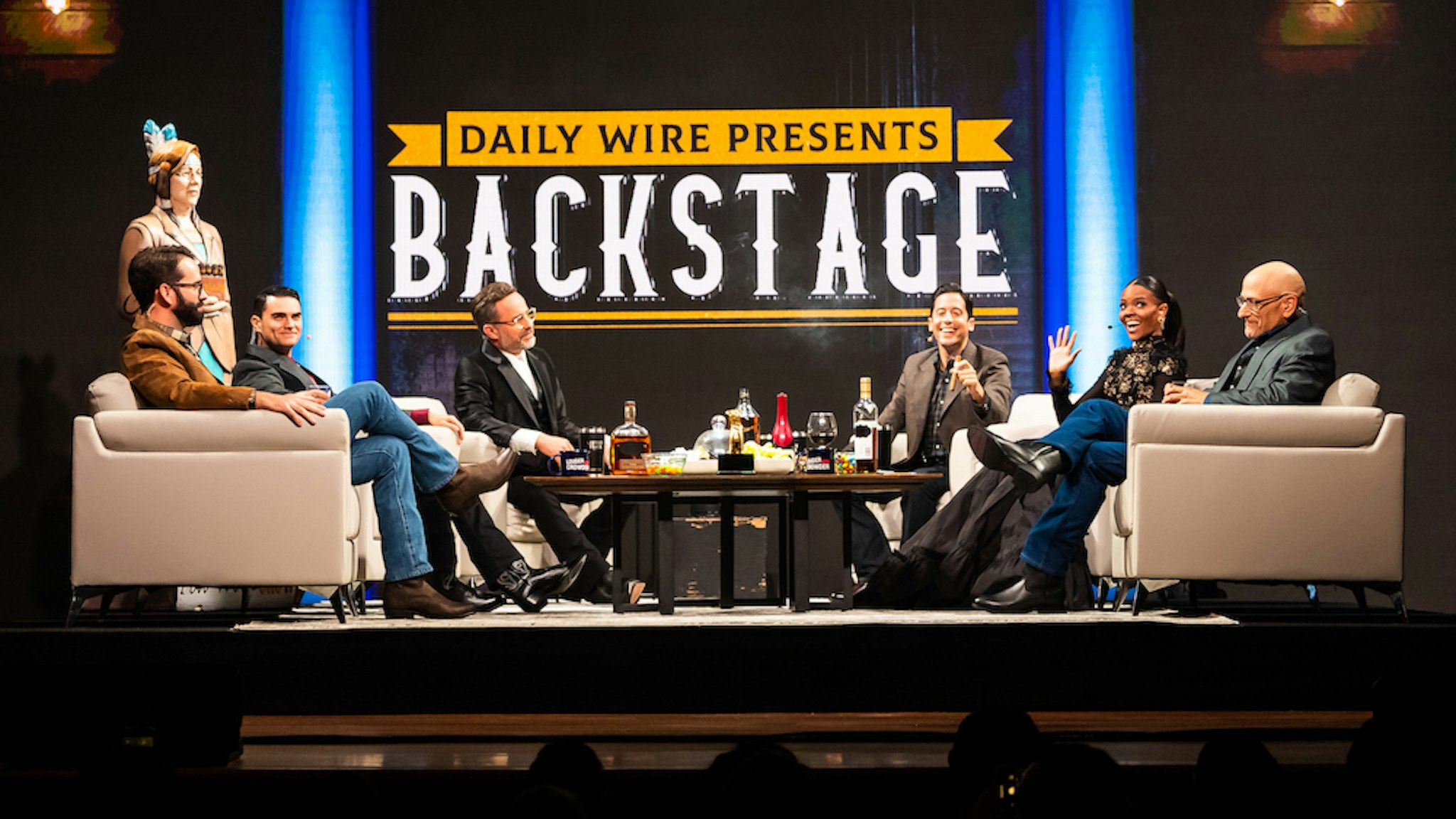 NASHVILLE, TENNESSEE - OCTOBER 12: Matt Walsh, Ben Shapiro, Jeremy Boreing, Michael Knowles, Candace Owens, and Andrew Klavan speak at Daily Wire Presents Backstage Live at Ryman Auditorium on October 12, 2021 in Nashville, Tennessee. (Photo by Keith Griner/Getty Images)