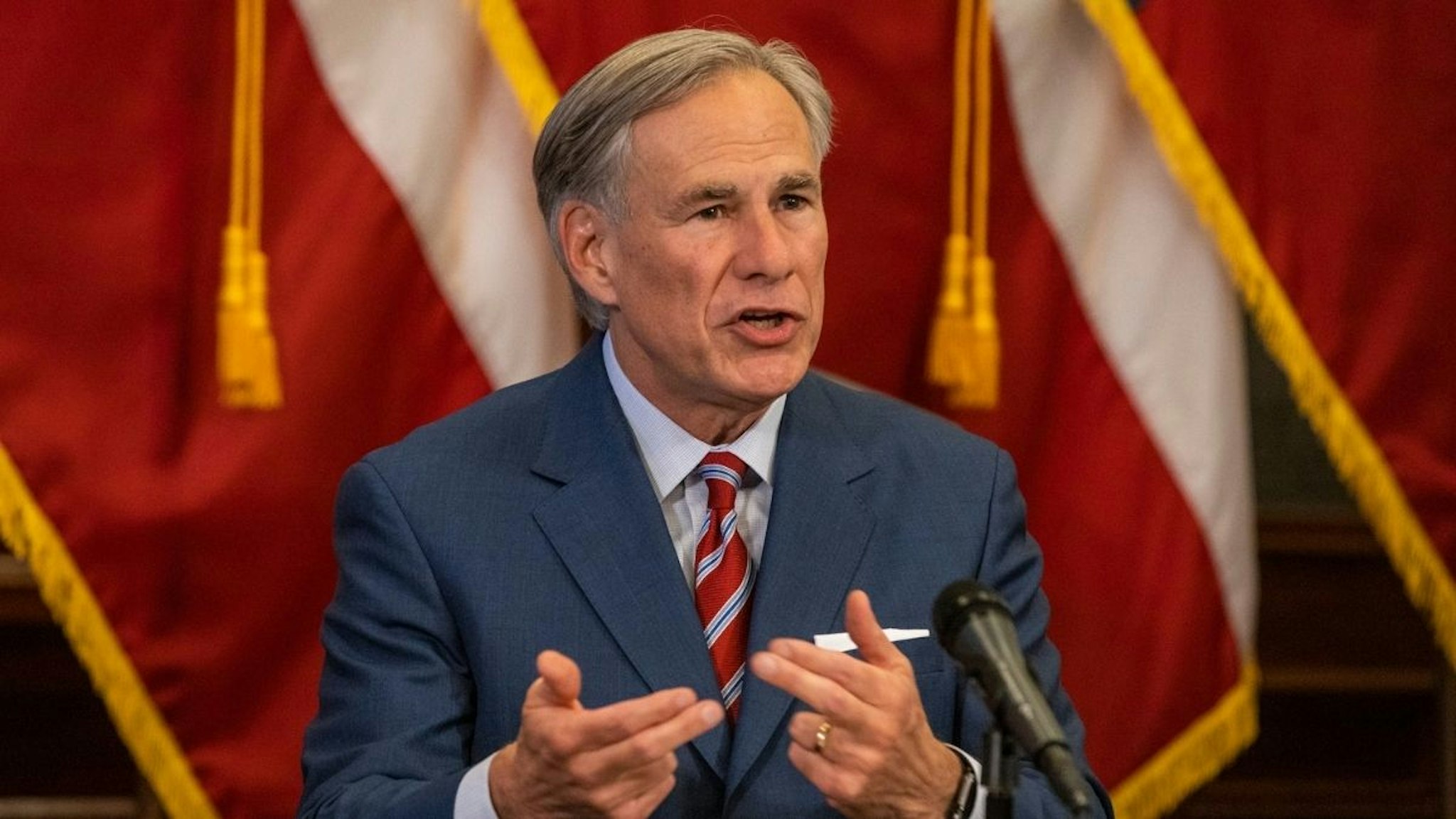 Texas Governor Greg Abbott announces the reopening of more Texas businesses during the COVID-19 pandemic at a press conference at the Texas State Capitol on May 18, 2020 in Austin, Texas.