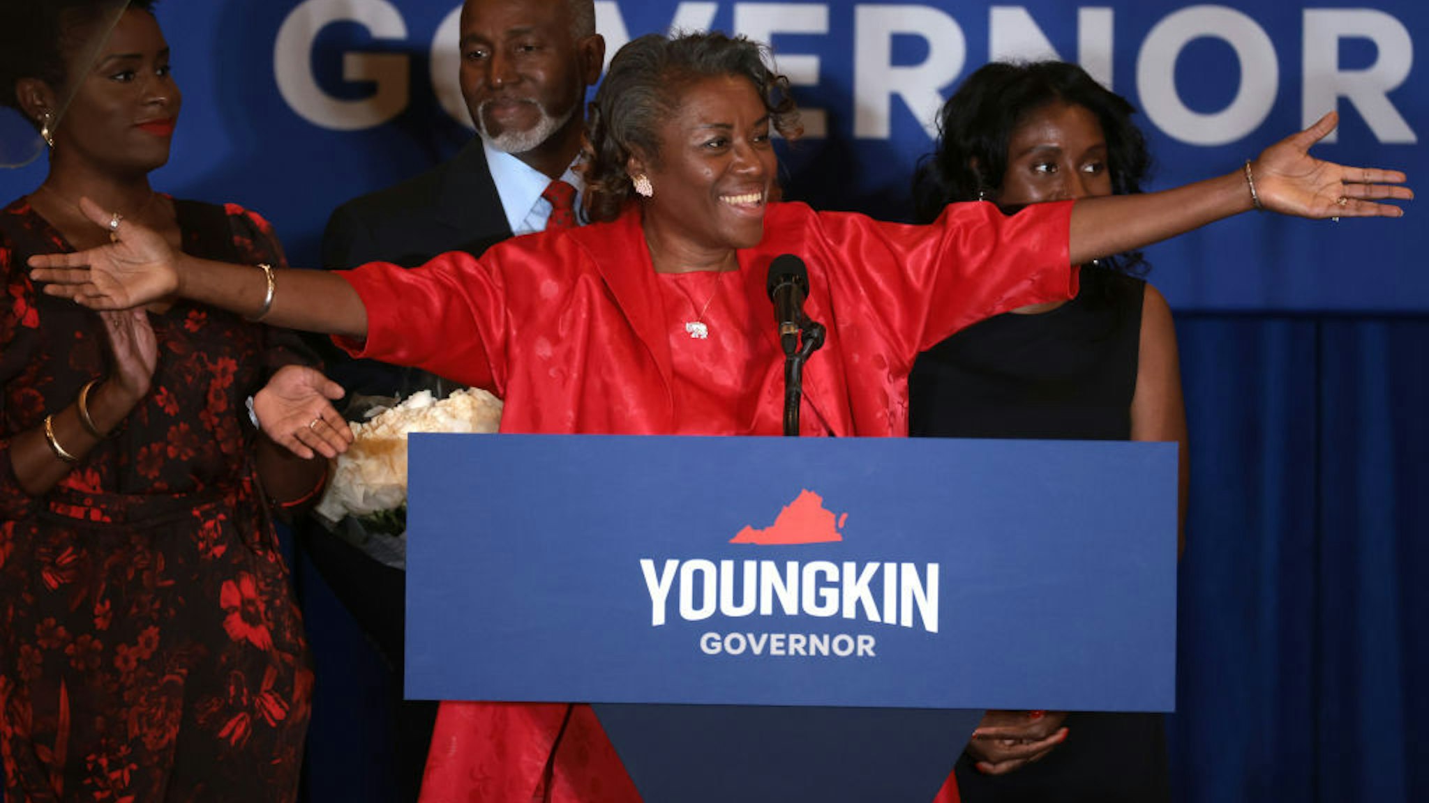 CHANTILLY, VIRGINIA - NOVEMBER 02: Virginia Republican candidate for lieutenant governor Winsome Sears takes the stage with her family during an election night rally at the Westfields Marriott Washington Dulles on November 02, 2021 in Chantilly, Virginia. Virginians went to the polls Tuesday to vote in the gubernatorial race that pitted Republican gubernatorial candidate Glenn Youngkin against Democratic gubernatorial candidate, former Virginia Gov. Terry McAuliffe. (Photo by Chip Somodevilla/Getty Images)
