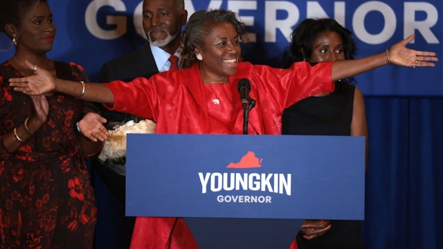 CHANTILLY, VIRGINIA - NOVEMBER 02: Virginia Republican candidate for lieutenant governor Winsome Sears takes the stage with her family during an election night rally at the Westfields Marriott Washington Dulles on November 02, 2021 in Chantilly, Virginia.