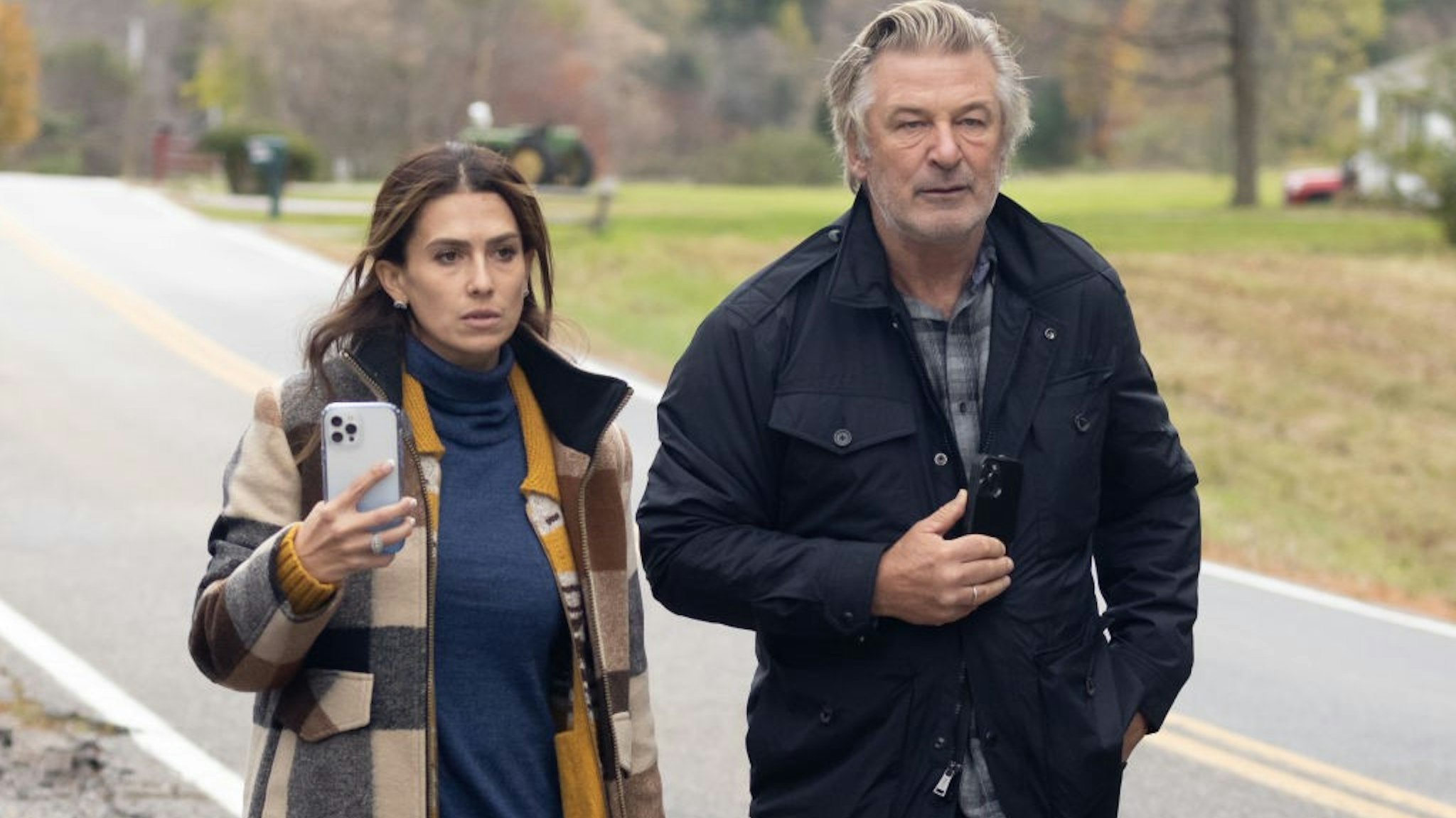 MANCHESTER, VT - OCTOBER 30: Hilaria Baldwin and Alec Baldwin speak for the first time regarding the accidental shooting that killed cinematographer Halyna Hutchins, and wounded director Joel Souza on the set of the film "Rust", on October 30, 2021 in Manchester, Vermont. The actor, his wife and children pulled over to the side of the road and gave an unscheduled statement after being pursued by photographers and members of the press. (Photo by