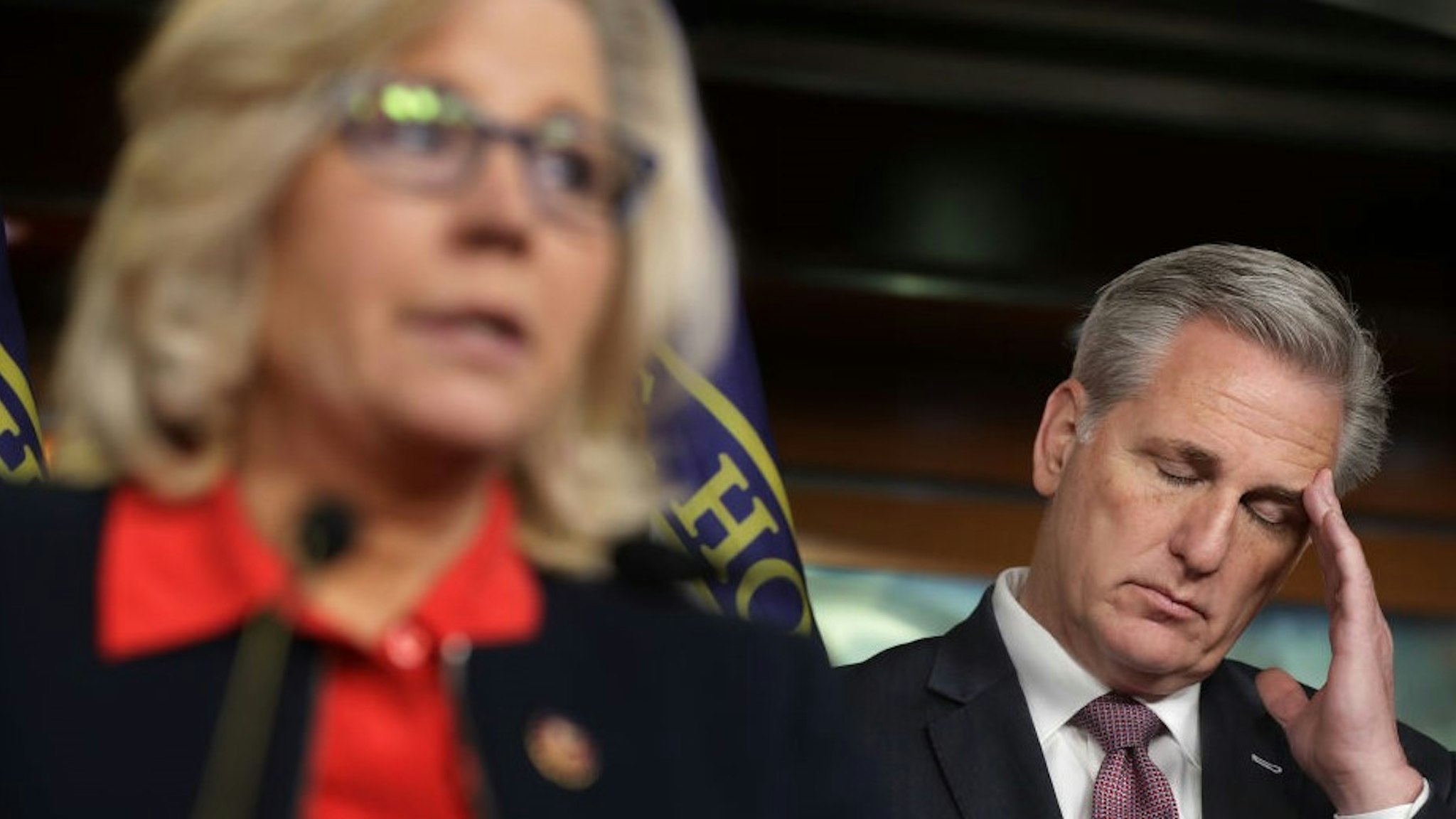 WASHINGTON, DC - FEBRUARY 13: House Minority Leader Kevin McCarthy (R-CA) (R) listens to House Republican Conference Chair Rep. Liz Cheney (R-WY) during a news conference following a caucus meeting at the U.S. Capitol Visitors Center February 13, 2019 in Washington, DC. McCarthy said that he supports the framework of a bipartisan spending deal that would avert another partial federal government shutdown but is waiting to read the bill before deciding on whether he would vote for it. (Photo by