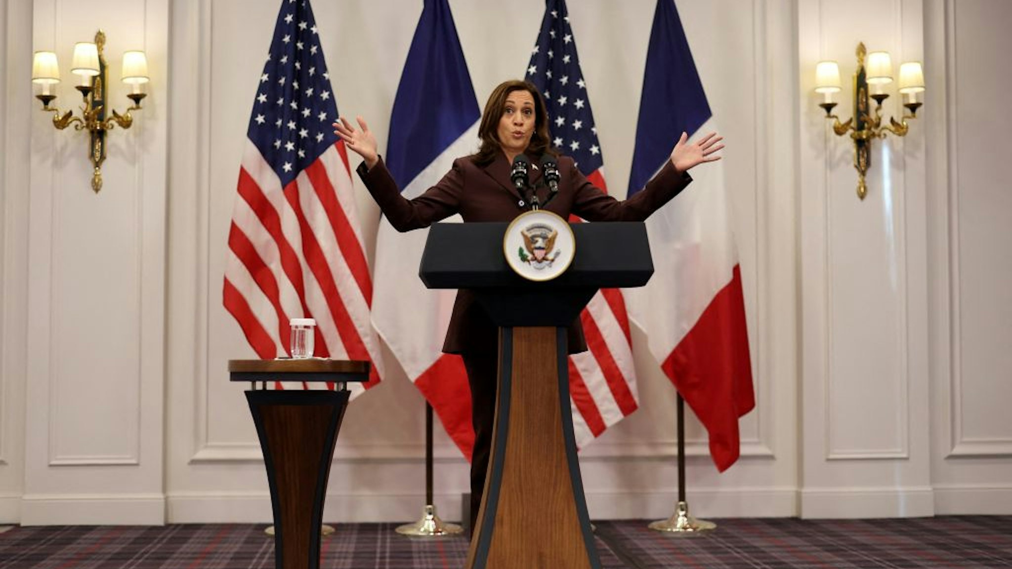 US Vice-President Kamala Harris gives a press conference in Paris on November 12, 2021. (Photo by Thomas COEX / POOL / AFP) (Photo by