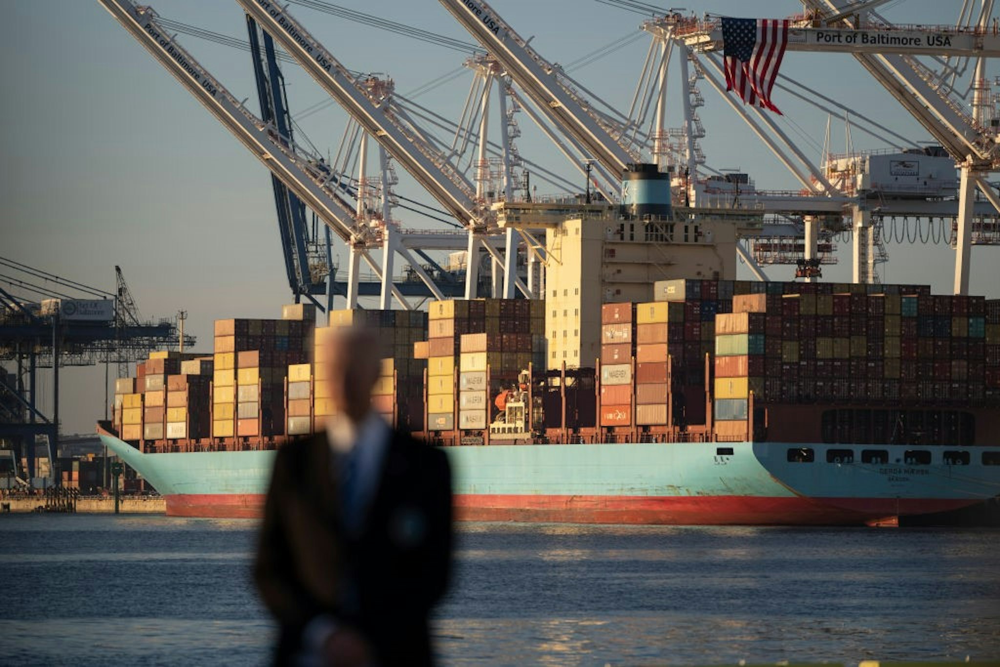 BALTIMORE, MD - NOVEMBER 10: U.S. President Joe Biden waits to speak about the recently passed $1.2 trillion Infrastructure Investment and Jobs Act at the Port of Baltimore on November 10, 2021 in Baltimore, Maryland. President Biden will sign the bill next week, where he plans to bring Democrats and Republicans to the White House for a ceremony to mark the bipartisan bill's passage. (Photo by