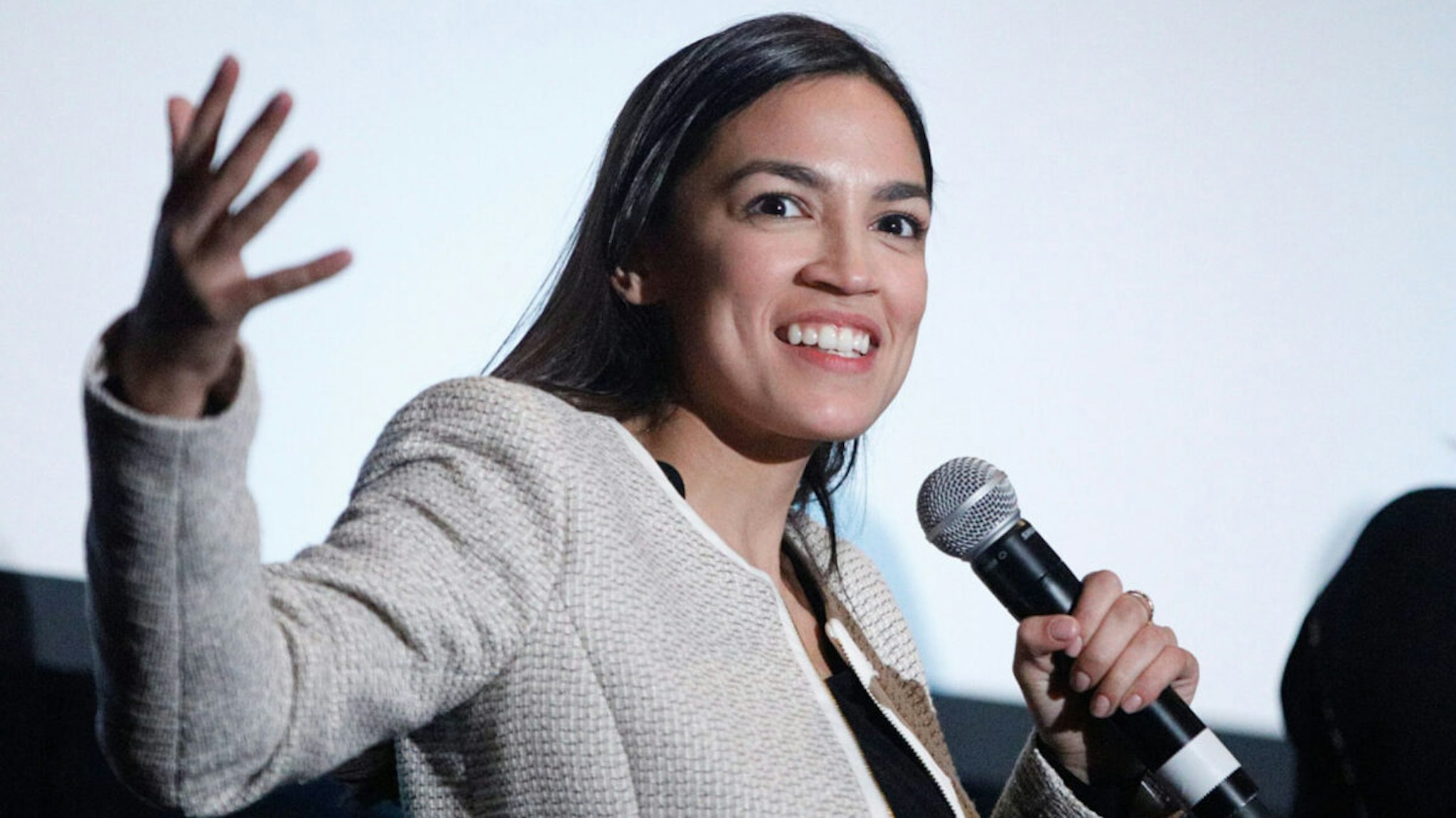 US Representative Alexandria Ocasio-Cortez on stage during the 2019 Athena Film Festival closing night film, "Knock Down the House" at the Diana Center at Barnard College on March 3, 2019 in New York City.