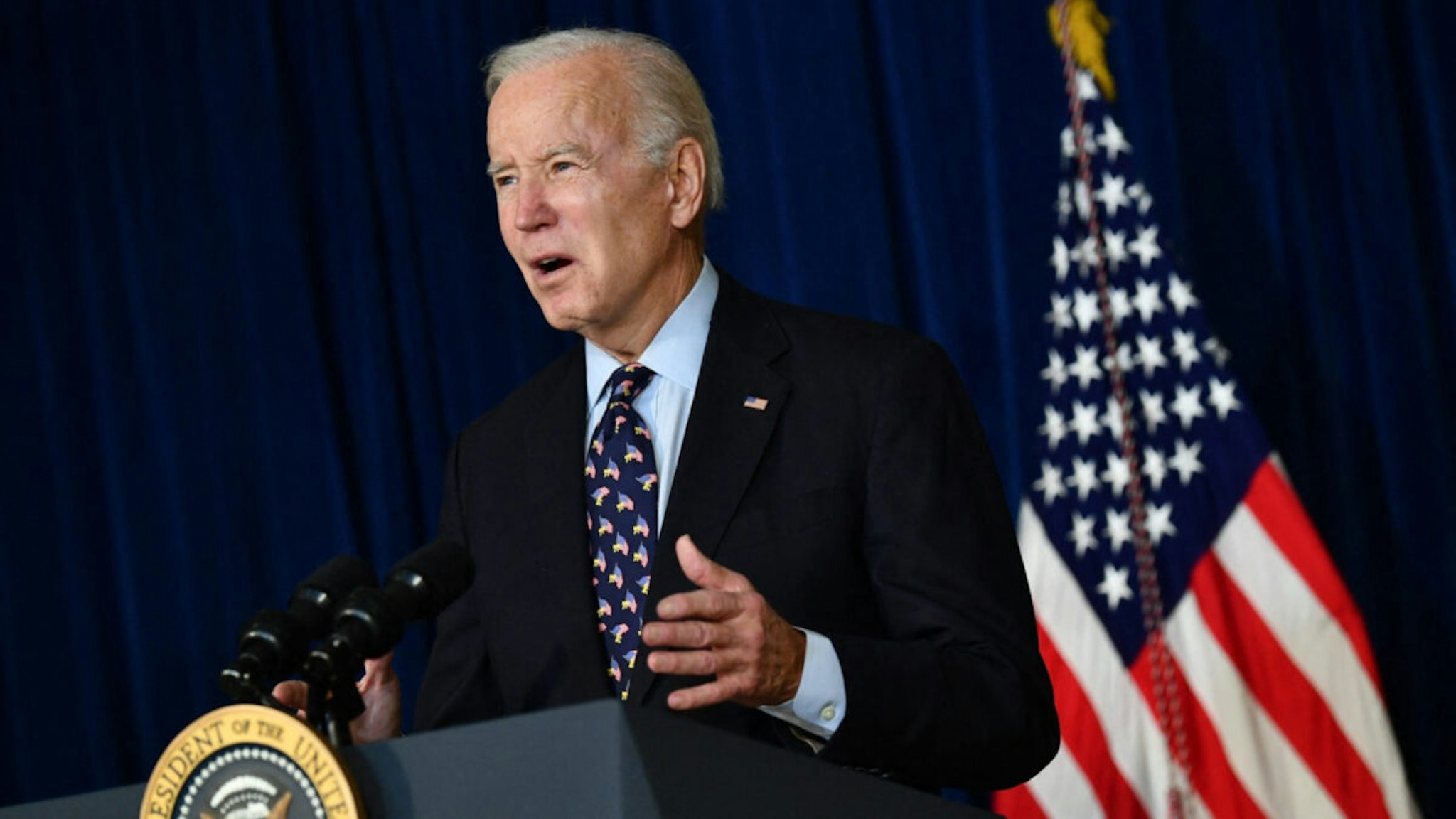 US President Joe Biden speaks about the tornados which swept across the US, in Wilmington, Delaware on December 11, 2021.
