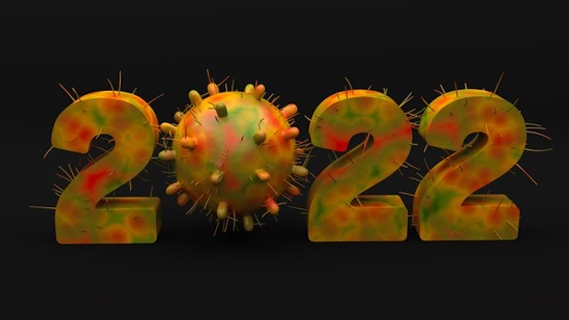 New year 2022 written in 3D with Coronavirus omicron variant instead of zero.