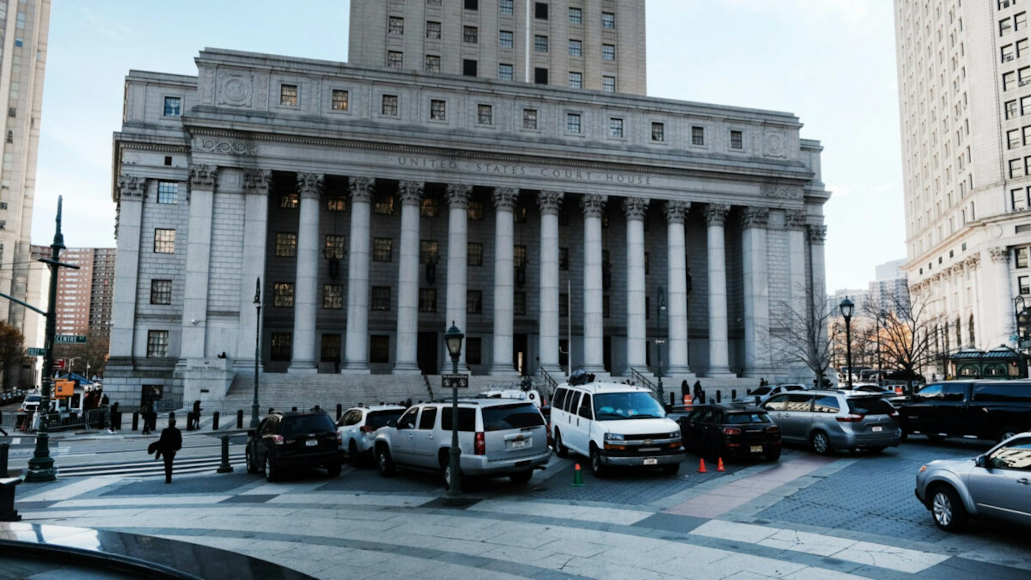 The Thurgood Marshall United States Courthouse stands in lower Manhattan where the trial for British socialite Ghislaine Maxwell for child sex-trafficking continues on December 03, 2021 in New York City.