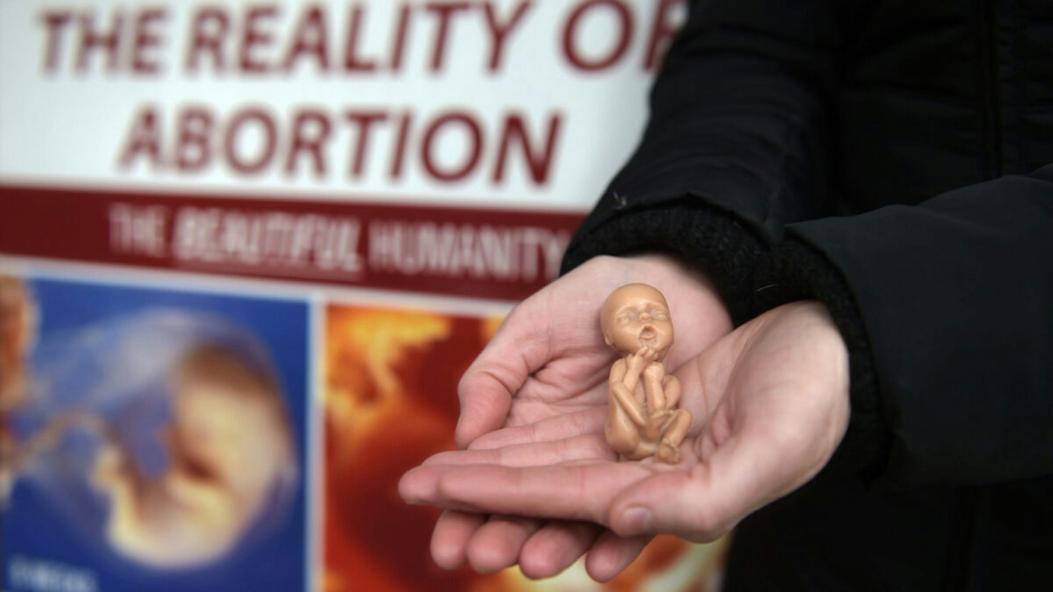 A Pro Life campaigner displays a plastic doll representing a 12 week old foetus as she stands outside the Marie Stopes Clinic on April 7, 2016 in Belfast, Northern Ireland.