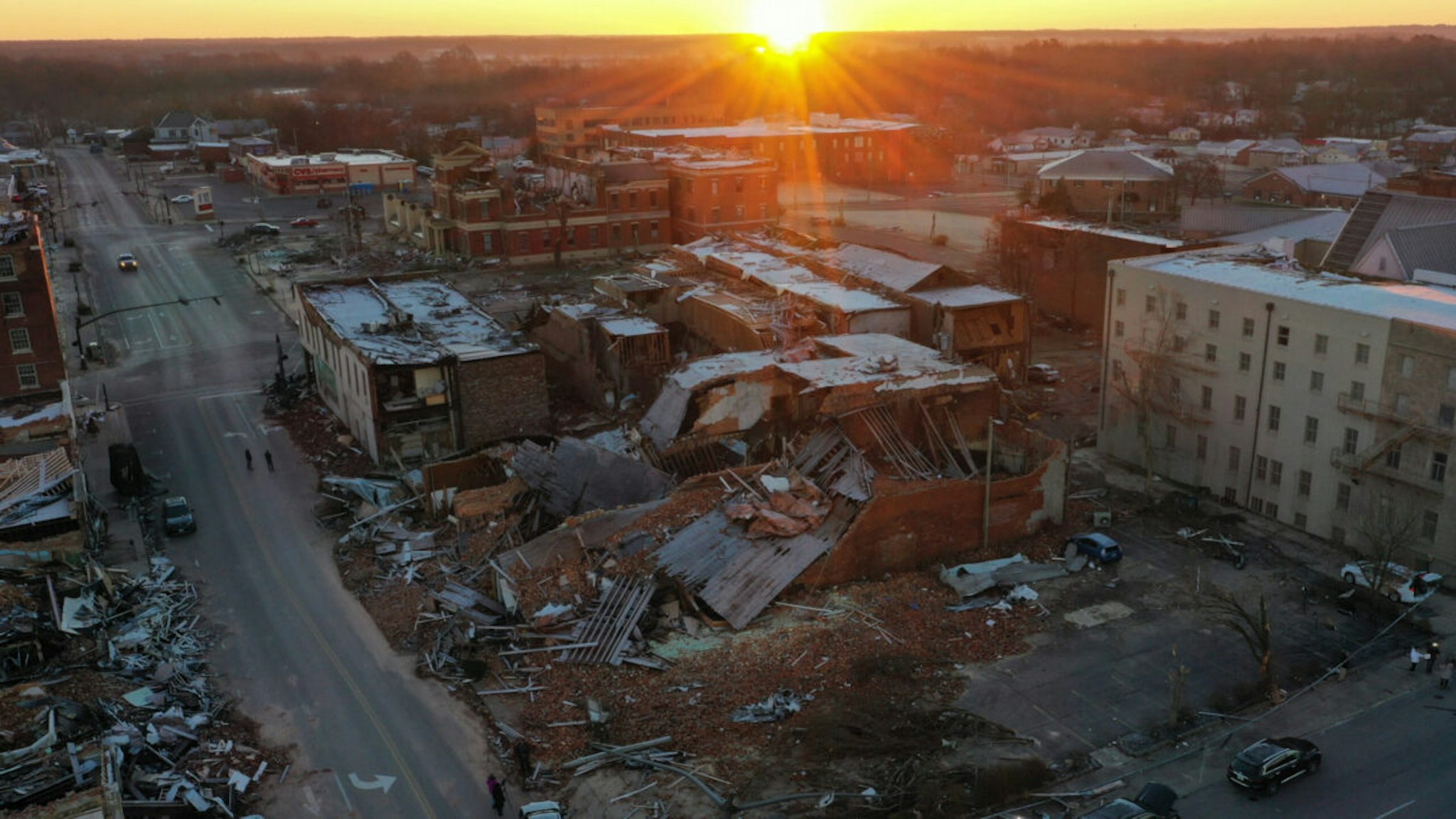 A drone photo shows an aerial view of the damage caused by tornadoes in Mayfield, Kentucky, United States on December 12, 2021.
