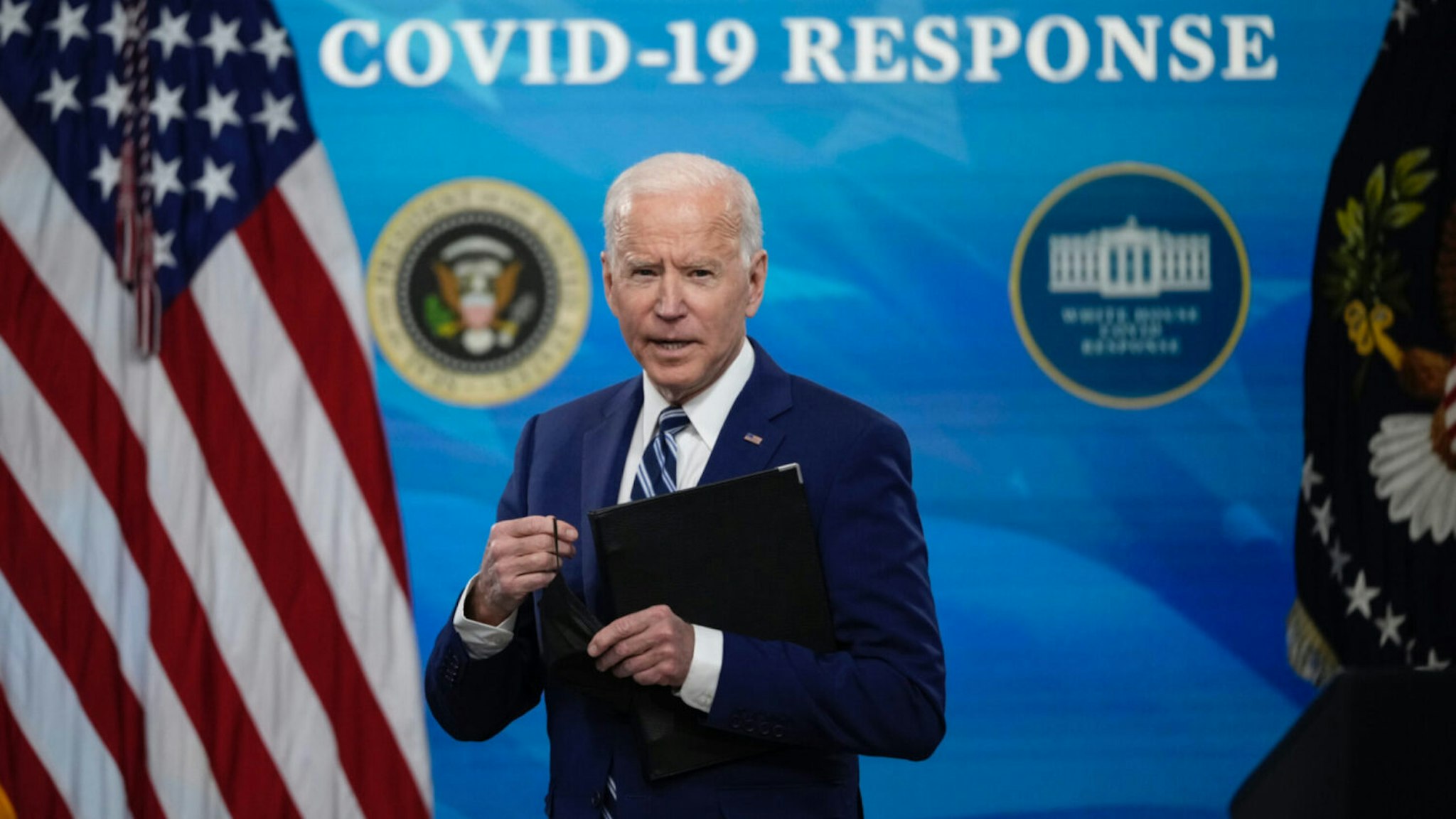U.S. President Joe Biden responds to a question after delivering remarks on the COVID-19 response and the state of vaccinations in the South Court Auditorium at the White House complex on March 29, 2021 in Washington, DC.