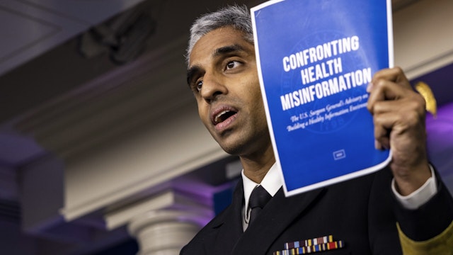 Vivek Murthy, U.S. surgeon general, speaks during a news conference in the James S. Brady Press Briefing Room at the White House in Washington, D.C., U.S., on Thursday, July 15, 2021.