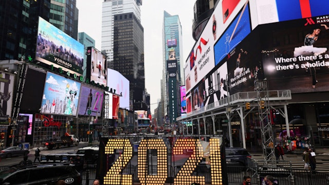 The New Year's Eve numerals on display in Times Square on December 21, 2020 in New York City. The seven-foot-tall "2021" numerals will be on display in the plaza until noon on December 23.