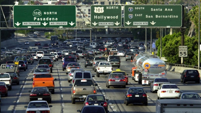 Traffic fills the 110 freeway during rush hour, May 7, 2001, in downtown Los Angeles, CA.