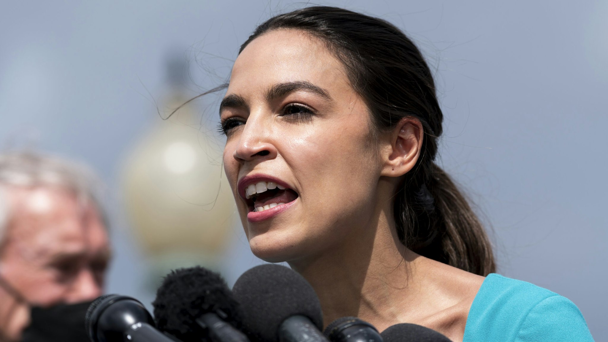 UNITED STATES - SEPTEMBER 21: Rep. Alexandria Ocasio-Cortez, D-N.Y., speaks during the news conference introducing legislation to give the Department of Health and Human Services the authority to create federal eviction moratoriums outside the Capitol on Tuesday, Sept. 21, 2021.