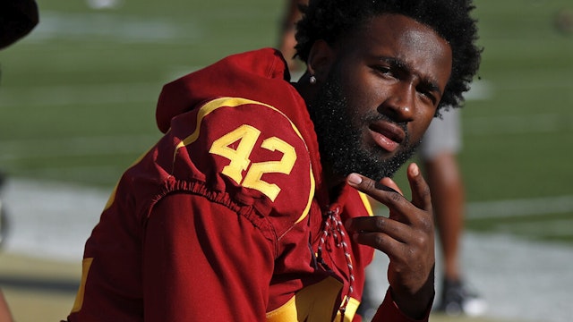 Linebacker Abdul-Malik McClain #42 and running back Ben Easington #37 of the USC Trojans pose for a photo ahead of the game against the Utah Utes at Los Angeles Memorial Coliseum on September 20, 2019 in Los Angeles, California