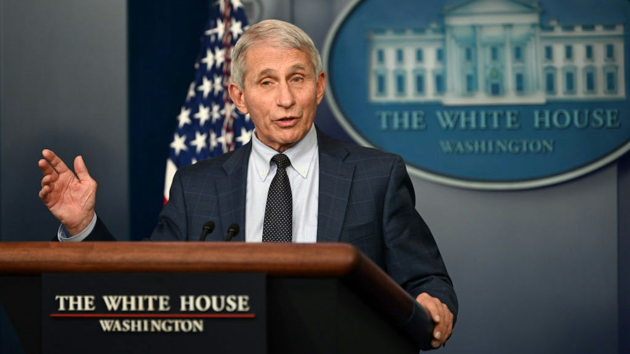 WASHINGTON, DC - DECEMBER 01: Director of the National Institute of Allergy and Infectious Diseases Anthony Fauci gives an update on the Omicron COVID-19 variant during the daily press briefing at the White House on December 1, 2021 in Washington, DC. (Photo by Chen Mengtong/China News Service via Getty Images)