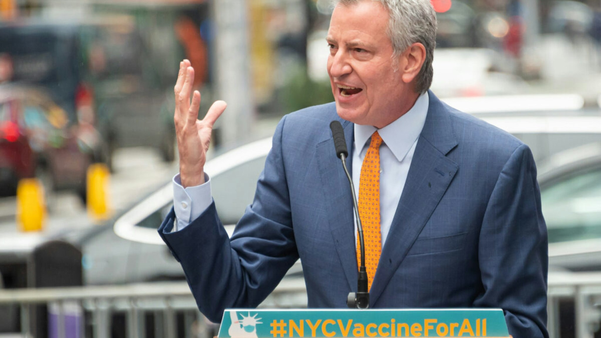 Mayor of New York City Bill de Blasio speaks during the opening of a vaccination center for Broadway workers in Times Square on April 12, 2021 in New York City