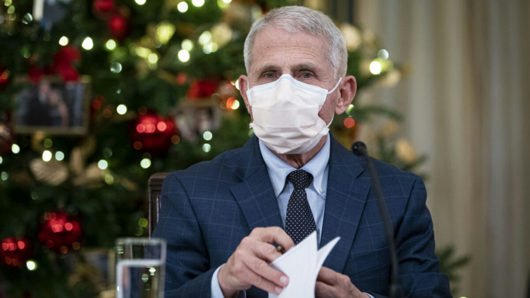 Anthony Fauci, director of the National Institute of Allergy and Infectious Diseases, during a meeting with U.S. President Joe Biden and members of the White House Covid-19 Response Team on the Omicron variant in the State Dining Room of the White House in Washington, D.C., U.S., on Thursday, Dec. 9, 2021.