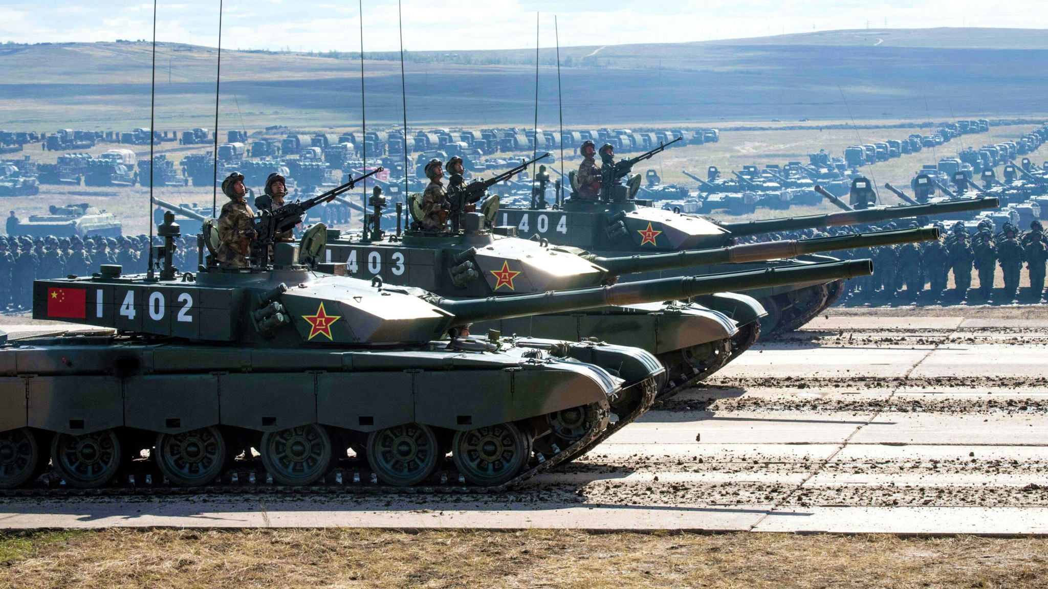 Chinese tanks parade at the end of the day of the Vostok-2018 (East-2018) military drills at Tsugol training ground not far from the borders with China and Mongolia in Siberia, on September 13, 2018.