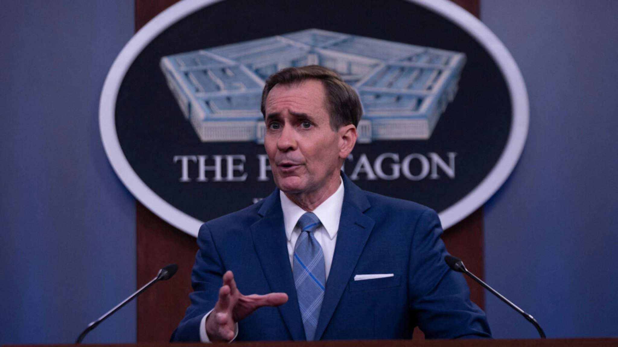 Pentagon Spokesman John Kirby speaks during a press briefing on the situation in Afghanistan at the Pentagon in Washington, DC on August 16, 2021.