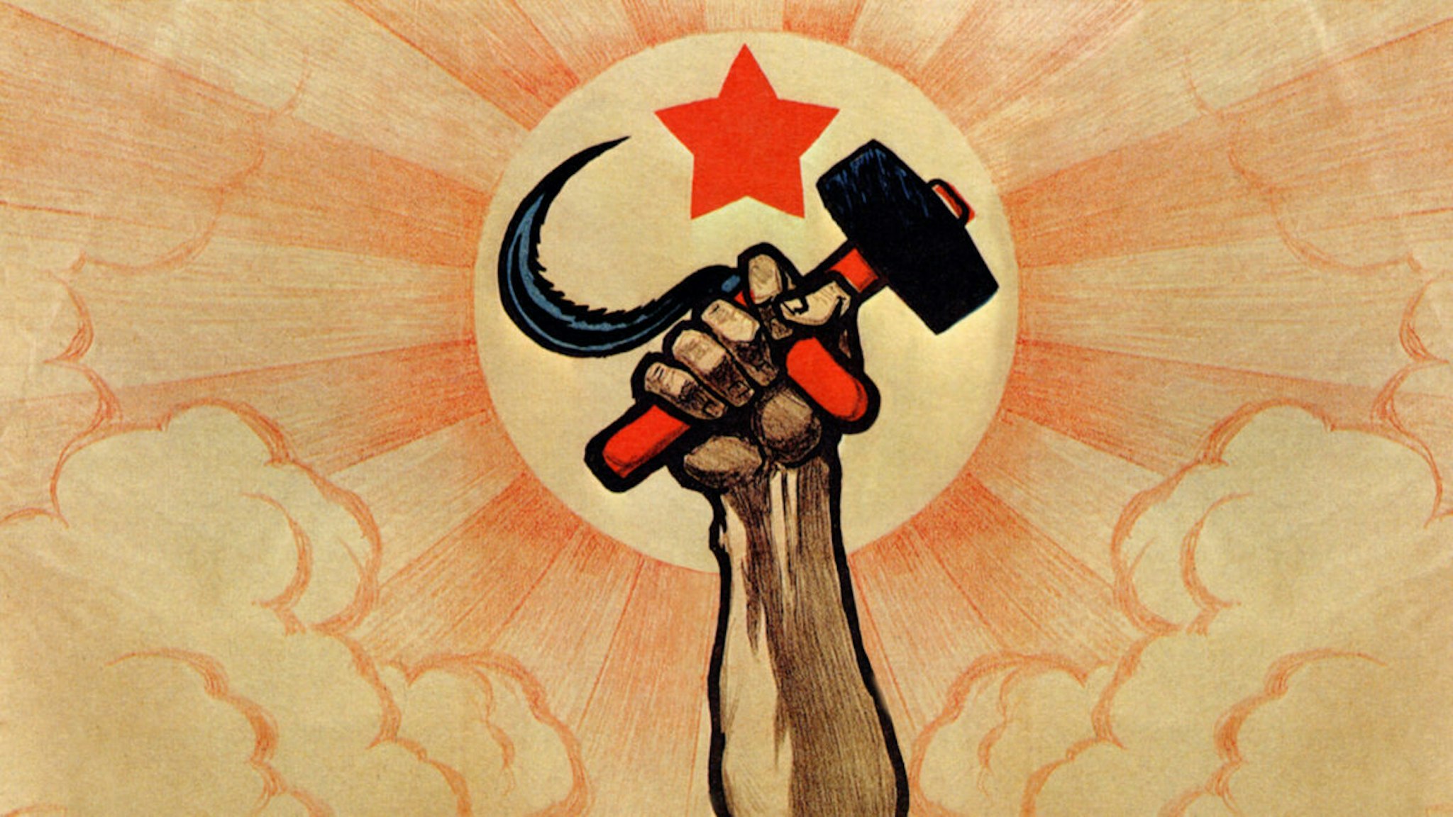 Symbols of communism: the hand wielding the hammer and sickle, in the background the rising sun and the red star ***Long live the fifth anniversary of the Great Proletarian Revolution!