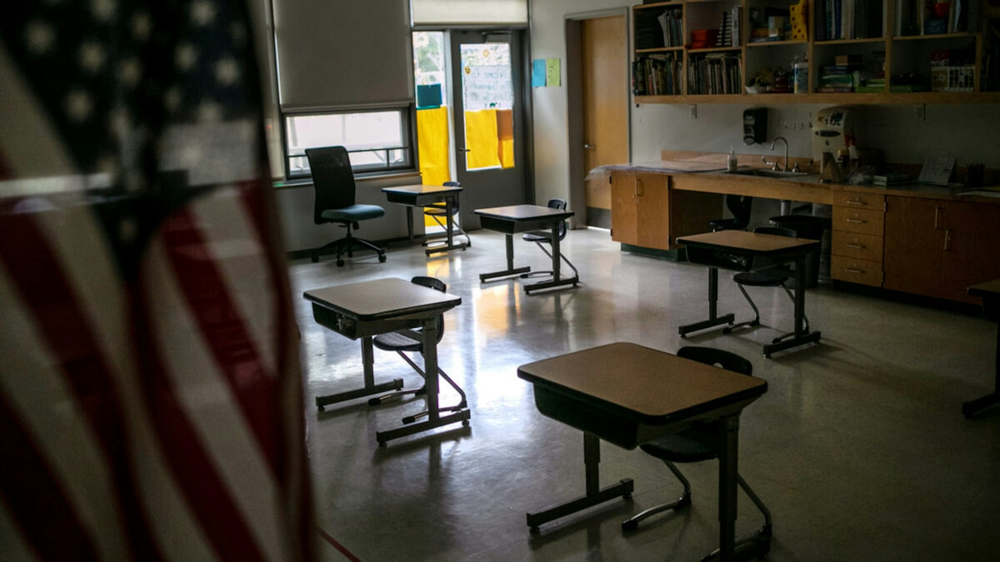 A kindergarten room sits empty at Rogers International School as students from that class quarantine at home, according to parents, on October 21, 2020 in Stamford, Connecticut.