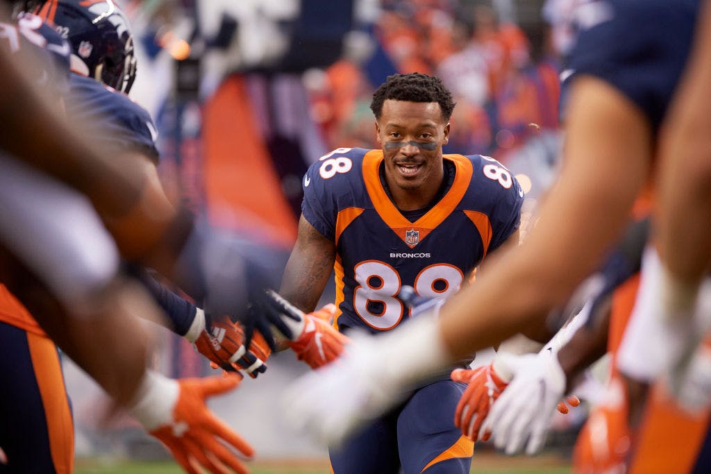 Football: Denver Broncos Demaryius Thomas (88) during introductions before game vs Kansas City Chiefs at Mile High Stadium. Denver, CO 10/1/2018 CREDIT: Jamie Schwaberow (Photo by Jamie Schwaberow /Sports Illustrated via Getty Images) (Set Number: X162180 TK1 )