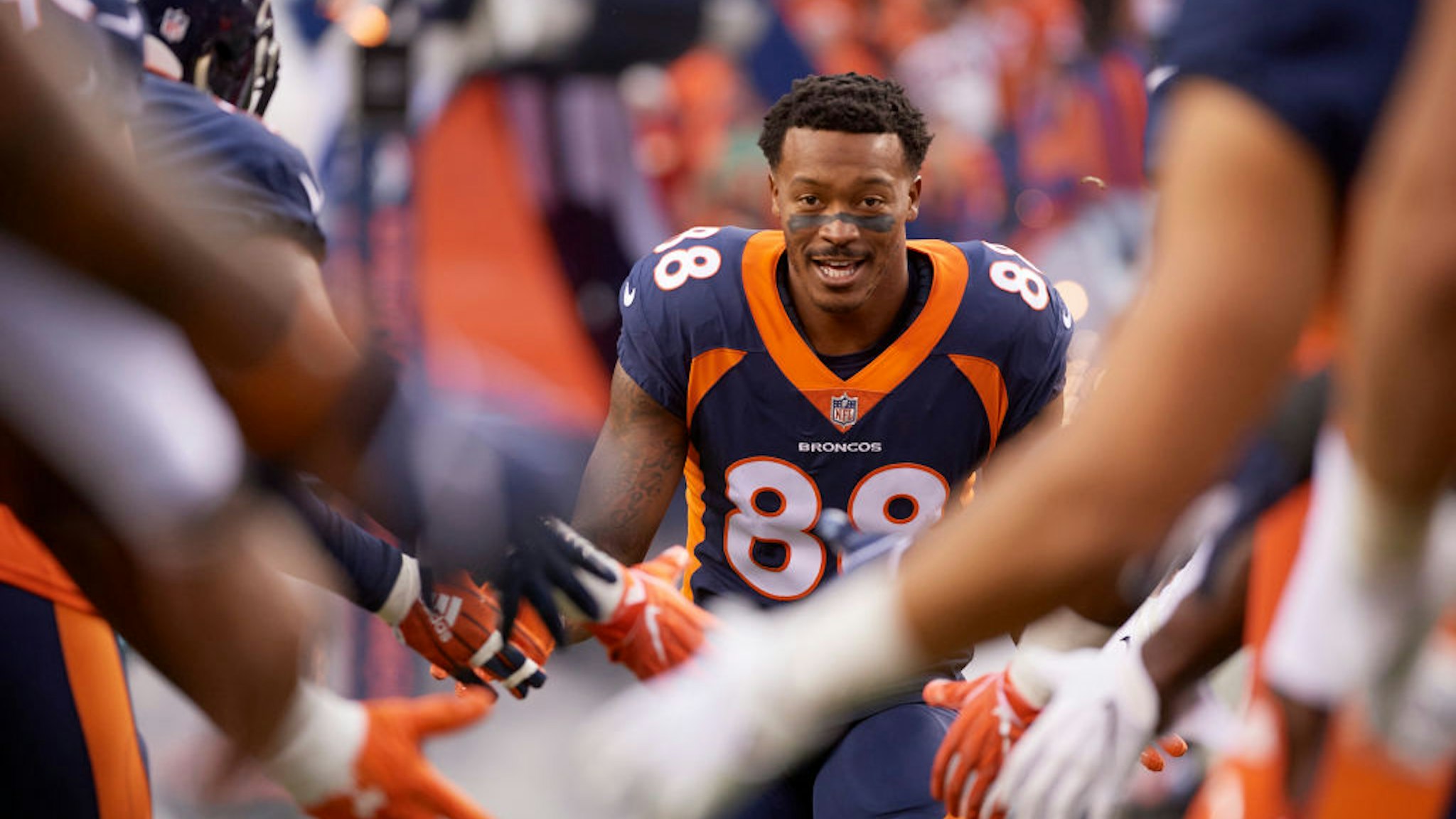 Football: Denver Broncos Demaryius Thomas (88) during introductions before game vs Kansas City Chiefs at Mile High Stadium. Denver, CO 10/1/2018 CREDIT: Jamie Schwaberow (Photo by Jamie Schwaberow /Sports Illustrated via Getty Images) (Set Number: X162180 TK1 )