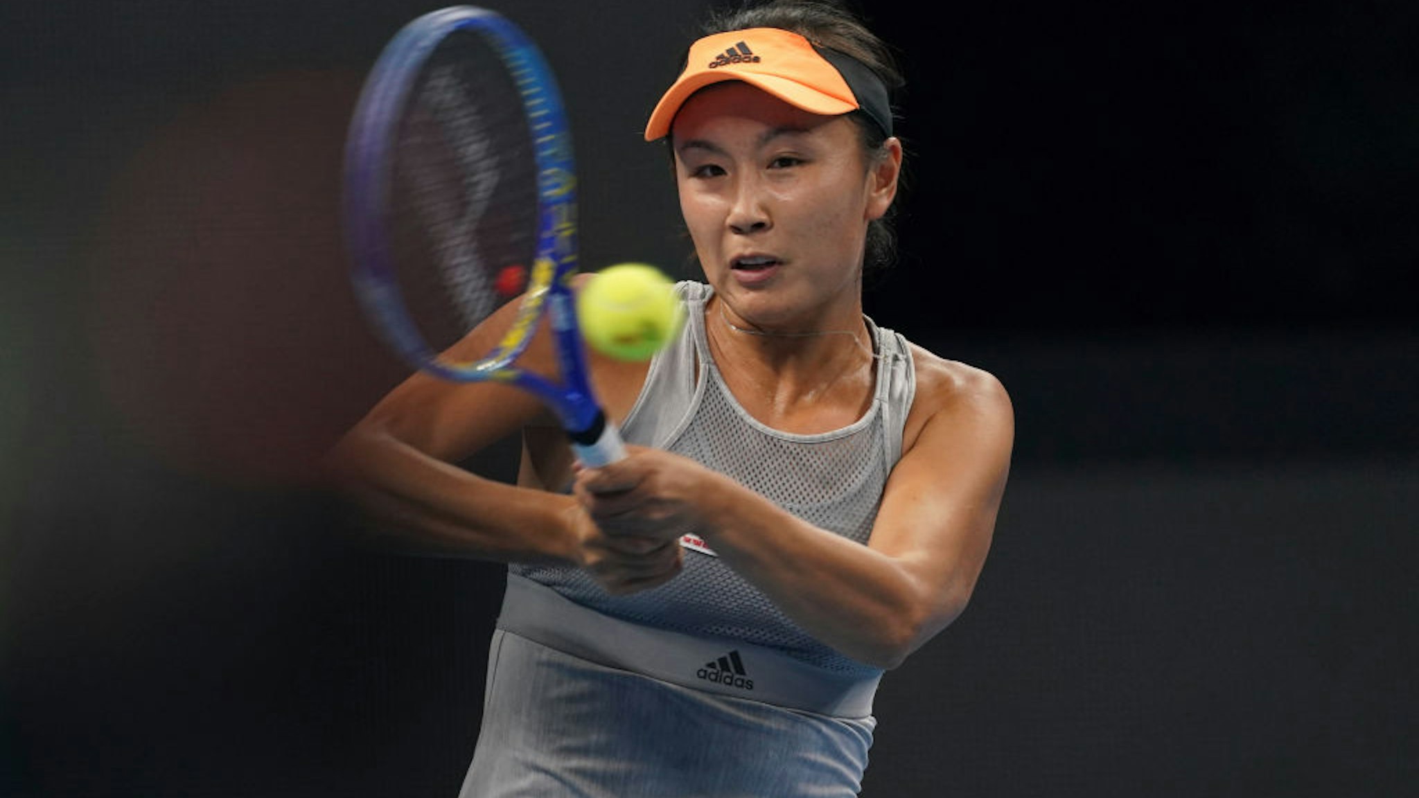BEIJING, CHINA - SEPTEMBER 28: Peng Shuai of China in action against Daria Kasatkina of Russia during women's singles first round match 2019 China Open - Day 1 on September 28, 2019 in Beijing, China. (Photo by Fred Lee/Getty Images)