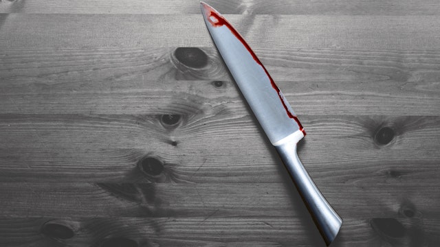 knife with grunge of blood on wood floor, halloween bloody murder or death crime killer violation concept. Black and white - stock photo