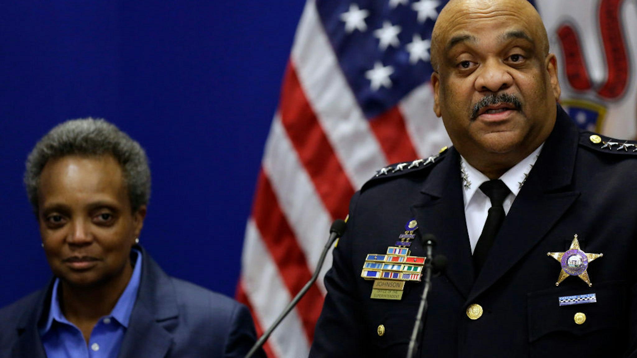 Chicago Police Department Superintendent Eddie Johnson announces his retirement during a news conference with Mayor Lori Lightfoot at the Chicago Police Department's headquarters November 7, 2019 in Chicago, Illinois.