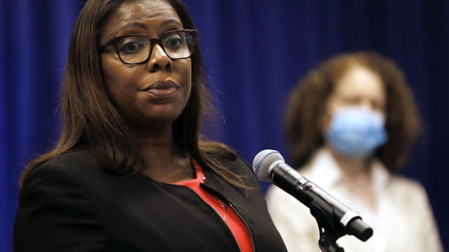 Letitia James, New York's attorney general, pauses while speaking during a news conference in New York, U.S., Thursday, Aug. 6, 2020. New York is seeking to dissolve the National Rifle Association as the state attorney general accused the gun rights group and its current and former senior officials of engaging in a massive fraud against donors. Photographer: Peter Foley/Bloomberg via Getty Images