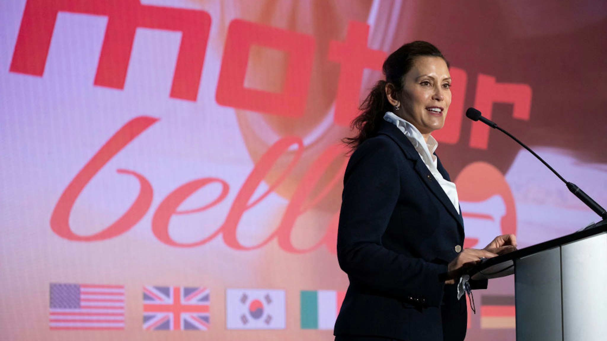 Michigan Governor Gretchen Whitmer speaks at the start of the 2021 Motor Bella auto show on September 21, 2021 in Pontiac, Michigan.