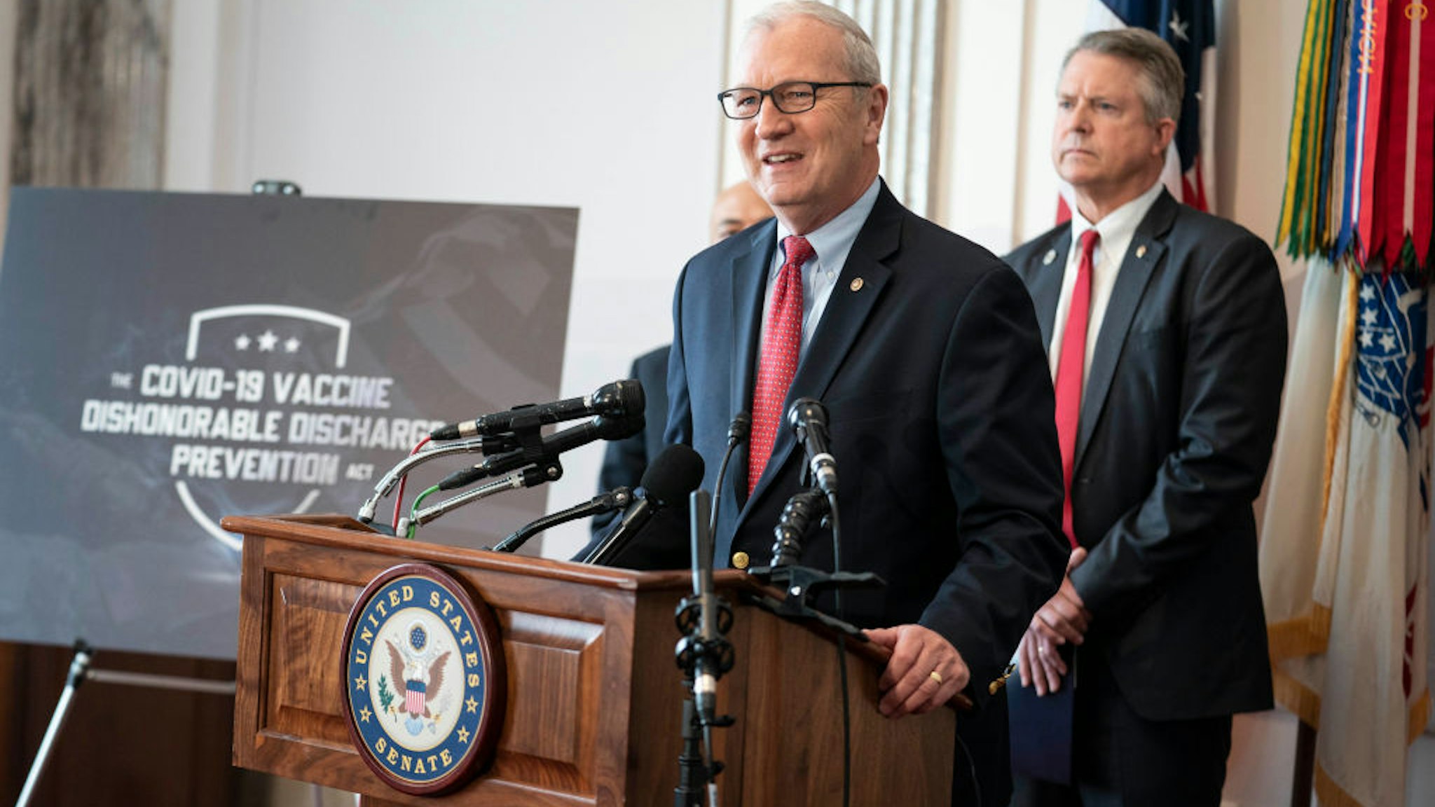 Senator Kevin Cramer (R-ND) calls for members of the military who chose to not get the COVID vaccine to not be dishonorably discharged during a news conference in the Russell Senate Office Building on Capitol Hill on November 4, 2021 in Washington, DC.