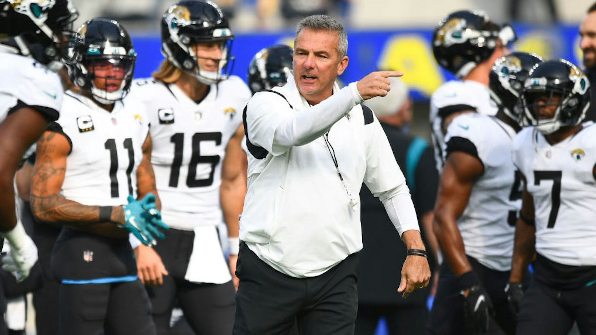 INGLEWOOD, CA - DECEMBER 05: Jacksonville Jaguars head coach Urban Meyer shouts out instructions before the NFL game between the Jacksonville Jaguars and the Los Angeles Rams on December 5, 2021, at SoFi Stadium in Inglewood, CA. (Photo by Brian Rothmuller/Icon Sportswire via Getty Images)